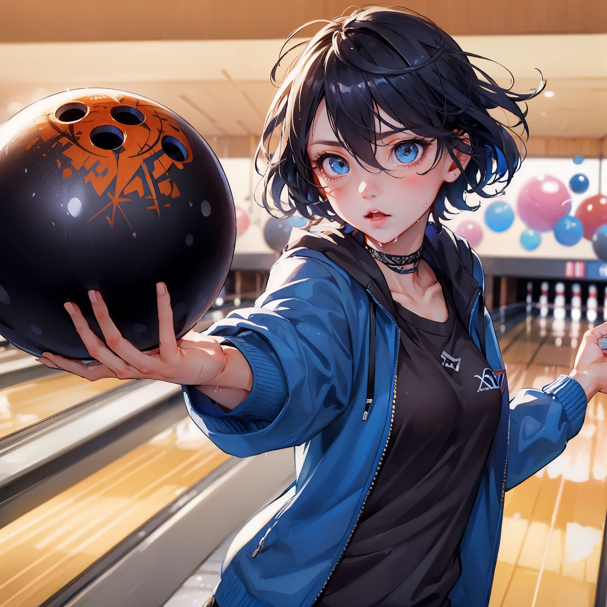 high quality,hd,16k,sharp line,1girl,female bowling athlete ,cute face, middle breasts, nice legs, wet hair,wet skins,in bowling venue,focus girl,detailed beautiful face,detailed clothes,beautiful eyes,cool,dynamic angle