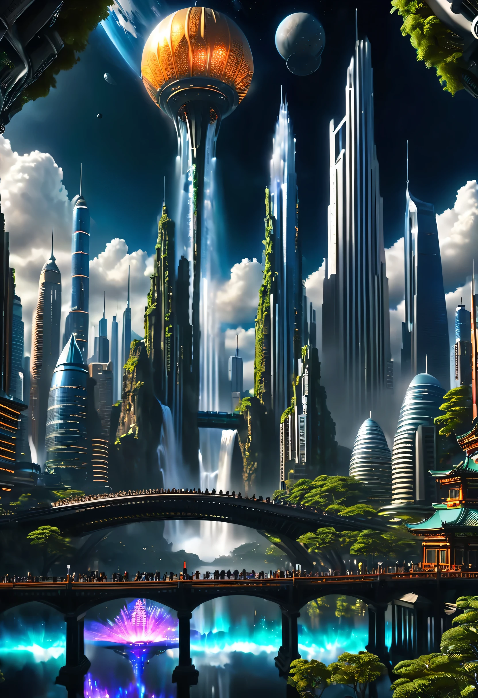 Space City、futuristic cities、floating in the universe、SFart by,cyberpunked、The streets are lined with skyscrapers、A space station、Skyscrapers tall through the clouds,top-quality、masterpiece、dream、utopian、planet earth、World of Dreams、Fantasia、𝓡𝓸𝓶𝓪𝓷𝓽𝓲𝓬、Beautiful city、Space City、A world far beyond human creation,There is a huge waterfall,