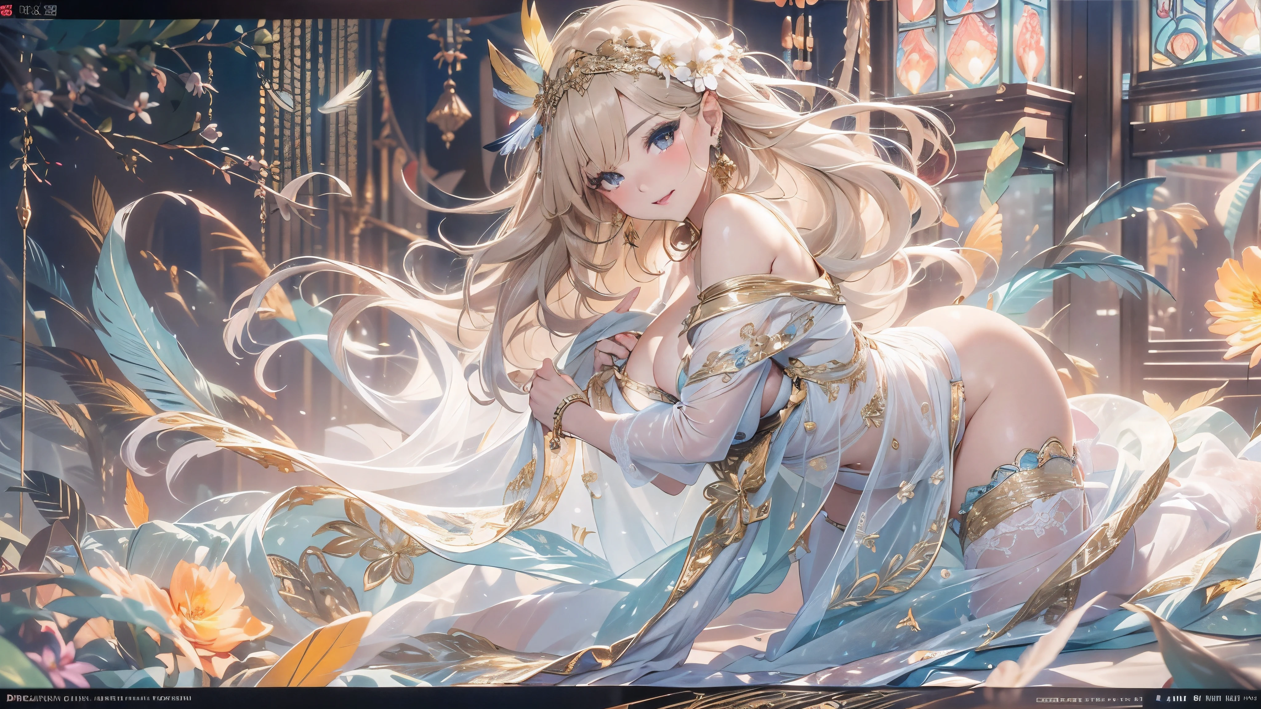 過去最高のmasterpiece、beautiful美しさ, 3D two-dimensional, rich, blonde, skirt, stockings, high heels, star、(Highly detailed CG Unity 8K wallpaper),(masterpiece), (最高quality), (超become familiar with), (best work),(best shadow), (sharp eyeliner, eye shadow, fine eye:1.1), (超High resolution,realistic,最高quality,realistic),(8K,RAW photo,最高quality,star),mature woman、sensual curves、huge breasts、thighs、bubble、お尻のmasterpiece, 最高quality, 超become familiar with, full body shot, mature woman, beautiful mature woman, nightgown and underwear, enchanting smile, thick lips, Chubby lips, blush, looking at the viewer, provocative expression, beautifulhair型, cleavage, Plump、curvy hips、attractive face、sexy lingerie、an inviting gaze、Expression of emotions、Lewd underwear、(((erotic see-through lingerie set)))、Standing position、gorgeous accessories 、big breastsの女性, bare shoulders, 金色のhair, colored feather, metal ornaments, colored flowers, particle, light, (masterpiece, 最高quality, 最高quality, official art, beautiful and aesthetic:1.2), (1 girl:1.5), 非常にbecome familiar with,(fractal art:1.1),(colorful:1.1)、(flowers:1.3),most detailed,(zentangle:1.2), (dynamic pose), (abstract background:1.3), (shiny skin), (lots of colors :1.4), ,(earrings:1.4), (feather:1.4),masterpiece, 最高quality, 超become familiar with, 30~40 years, full body shot, beautiful 、さまざまなhair型，gold headband，plump breasts，beautiful，greek clothing，Tulle covers the breasts，perfectly proportioned, detailed clothing details,marble，god statue，cinematic lighting, film grain, 8K, masterpiece, 超become familiar with, high detail, 高quality, High resolution,(((NSFW:1.2)))、exposed chest、Openwork decoration，(((see through dress)))、(((解剖学的に正しいbody))) , 最高quality, 超become familiar with, (((Lewd underwear)))、raise your butt, from below, (((R-18)))、thighs, big breasts, Are standing, cowboy shot, blush, (((1 girl))), (masterpiece:1.3), (High resolution), (8K), (非常にbecome familiar with), perfect face, Nice eye and face, (((最高quality))), (超become familiar with), detailed face and eye, (alone), beautifuleye,(((sexy pose)))、(((整ったbig breasts)))、((beautiful eye))、luxury、(((超High resolution)))、(((detailed description)))、(((ぽっちゃりbody型)))、(((解剖学的構造に一致したbodyの部位)))、beautiful長いまつ毛、バランスのとれたbody型,2 feet、Just the right size for your legs and arms、Fishnet tights、glamorous、(((Clear white and black eye)))、lipstick、Sparkling、(Undistorted face, eye, body)、jewelry、gem、(長くカールしたbeautifulまつ毛)、(((バランス良いbeautiful胸)))、(transparent, Exquisite skin:1.2)、(((完璧なglamorousボディー)))、actress face、Super beautiful、cute smile、Healing beauty、Flower shower、完璧なeye、realistic depiction、super sexy、shiny、glamorous、double eyelids、Good dark compensate、compensate、ぼやけていないeye , expensive_quality, expensive_solve, masterpiece*I wore it, whitespace, colorful, 1 girl, alone, white_hair, prism hair, [pink|green] eye, gradient eye, multicolored eye, shine eye, shine, Sparkling, shine white particles, alone、one-shot、adorable、Plump、Glossy and exquisite skin、はっきりしたeye鼻立ち、realistic eyes、whiteい肌, real human skin, (become familiar with), oval face, pore,  (8K, RAW photo, realistic: 1.4), one girl,  (Gentle and Goddess-like Eyes) happiness: 1.2), (lip gloss, eyelash, terrible face, 最高quality, 超High resolution, wide lighting, natural shading)