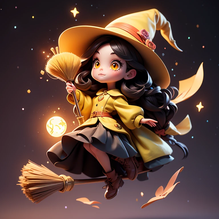 A girl flying through the sky on a broom, stars in her yellow eyes, long black hair, and a pointed hat like a witch's.