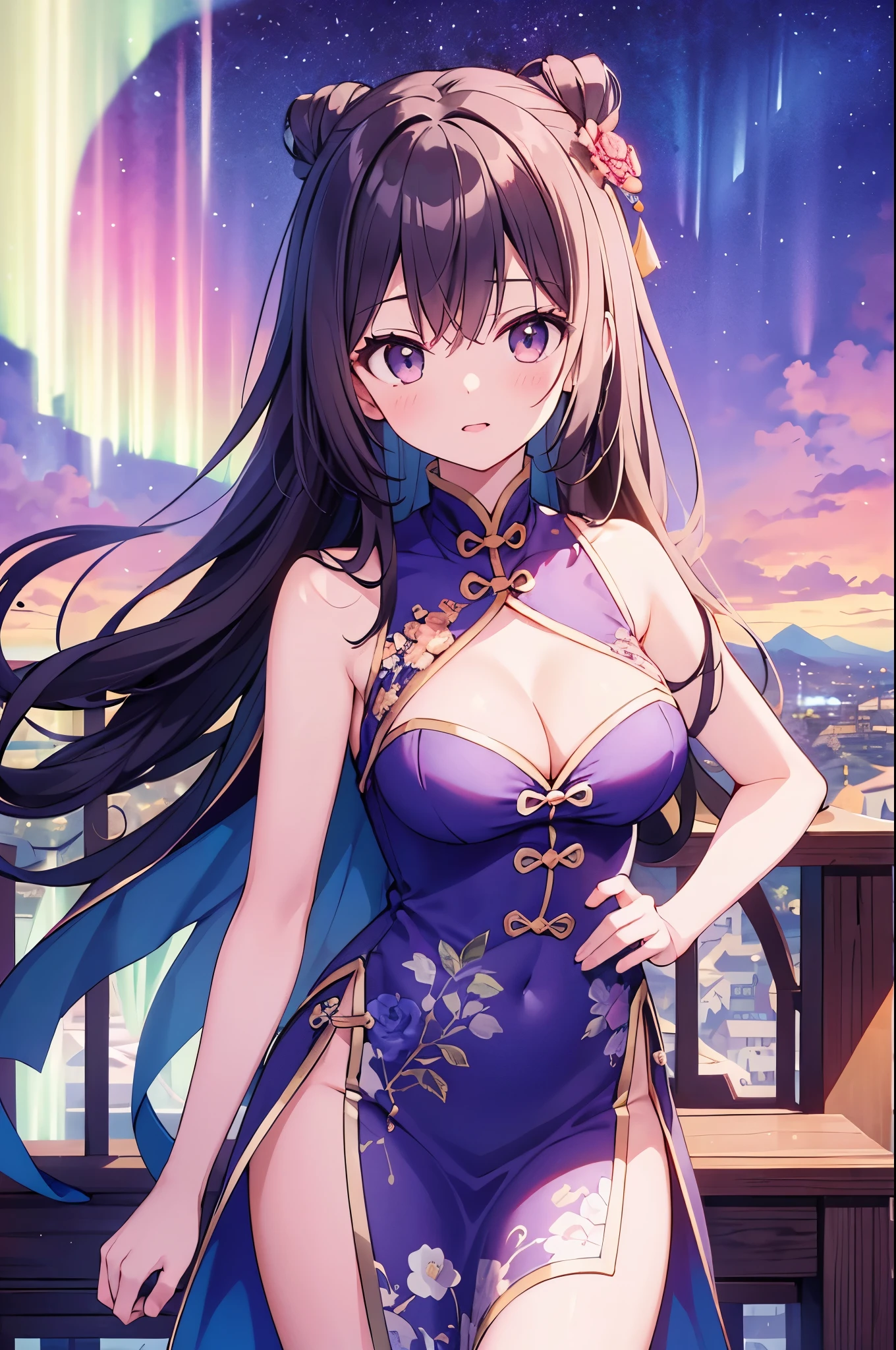 （masterpiece）、(highest quality)、((Super detailed))、(super delicate)、naughty chinese princess、Pastel colors hair、beautiful breasts、gorgeous castle、Fantastic starry sky、aurora