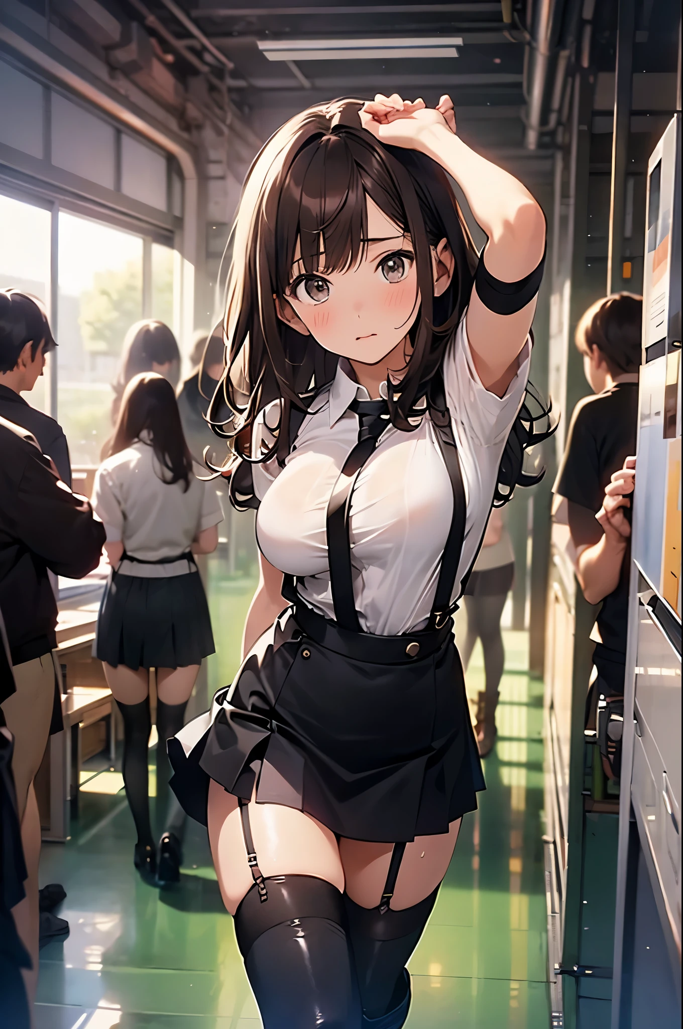 brown hair、looking at the viewer　　suspenders　　　Bulging big breasts　　 　 　　　　Black miniskirt　garter belt　knee high socks　　　　　　Gaze　　　small face　bangs 　　　　　Beauty　　hands up　　 　Gaze 　black boots 　provocation　　armpit sweat　one person 　　put your hands behind your back　cutter shirt　　Panty shot