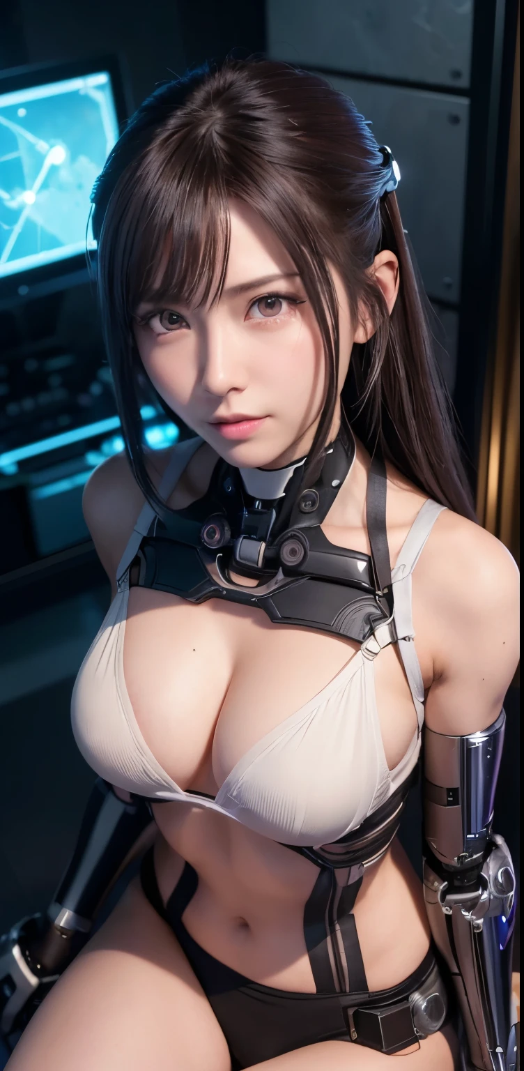 highest quality、masterpiece、Super high resolution、(Photoreal:1.4)、((beautiful girl:1.6)), 全身cyborg少女1体、、no human、((The only skin part is the face)), glowing eyes、((Lots of split metal chest protectors)), Metalrobot、((全身が戦闘robotの体))、((ボディパーツはrobotパーツ:1.8))、((The internal mechanisms of the chest are exposed)), ((Mechanical chest armor with LED indicators and meters)), robotの腕と脚、((露出したMetal骨格 of the abdomen))、頸部のMetal骨格、Under repair、destroyed body、Metalメカニカルブラ、全身Metalスキン、metal bodysuit、全身を覆うMetal鱗、Metal製のボディ、全身Metal、beautiful girl、prosthetic hand、prosthetic leg、全身cyborg、露出したMetal骨格、asian beauty、cyberpunk、steampunk、Inside a futuristic space battleship、Research room、Complex 3d rendering beautiful porcelain profile ultra detailedd female type android face、dark brown hair、glowing skin、((Super realistic details))、Portrait、global illumination、Shadow、octane rendering、Metal、複雑な装飾のdetailed、日本のdetailed、very intricate details、realistic光、CG Society Trends、purple eyes、shining eyes、towards the camera、ネオンのdetailed、mechanical limbs、blood vessels connected to tubes、mechanical vertebrae attached to the back、cervical vertebrae mechanically attached to the neck、sit on top、Wires and cables connecting to the head、gundam、small led lamp、masterpiece、 Metalrobot、Metal製のボディ、全身Metal、prosthetic hand、prosthetic leg、全身cyborg、露出したMetal骨格、asian beauty、cyberpunk、steampunk、future city、Research room、Complex 3d rendering beautiful porcelain profile super detailedd female android face、cyborg、robot部品、150mm、Soft light in a beautiful studio、rim light、vivid details、gorgeous cyberpunk、Ren Hao、超realistic、anatomical、facial muscles、cable wire、microchip、elegant、beautiful background、octane rendering、HR giger style、8K、highest quality、masterpiece、enlightenment、very delicate and beautiful、 非常にdetailedなCG、unity、wallpaper、(realistic、Photoreal:1.37)、amazing、detailed、masterpiece、best quality、official art、Highly detailedd CG unity 8k wallpaper、absurd、incredibly absurd、、robot、silver beads、Full body Esbian、standing