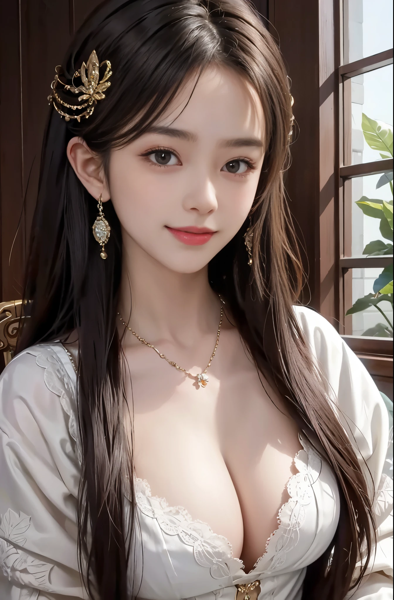 8K Ultra HD, table top, highest quality, beautiful girl, long hair, Beautiful necklaces, beautiful earrings, beautiful hair ornament, 17 year old girl, smile, Sexy, big breasts, cinematic lighting