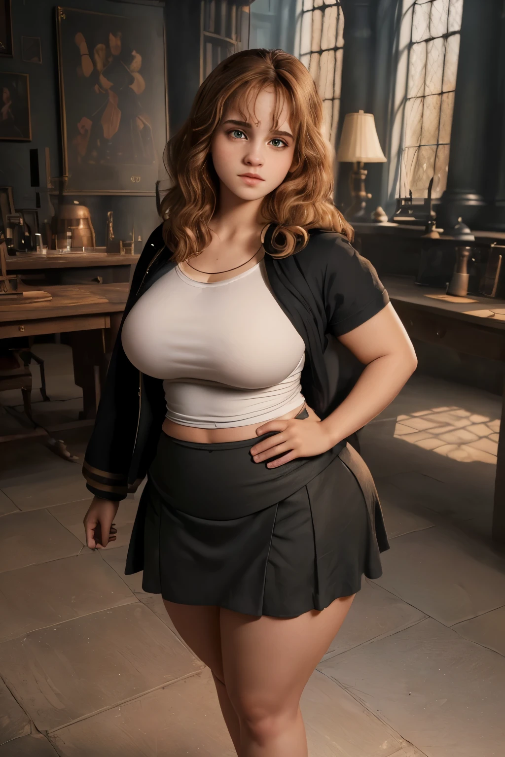 (((masterpiece))), (((photorealistic))), ((8k wallpaper)), (best quality), (one image), (((perfect quality))), (((solo))), (detailed eyes), girl, (((Ermione))), (((Hermione))), (((adult))), very beautiful, pose: (sexy pose, shy pose, standing), face : (young, (((adult))), ((most beautiful )), (makeup), ((perfect face)), small smile, thin face, detailed face, (simmetric face), ((very beautiful face))) , figure: ( (very full body), (very full figure), ((huge breasts)), ((very curvy)), (very thicc), (very thick), ((wide waist)), ((very chubby)), ((chubby belly)), (big deep navel), very soft, ((very curvy)), ((love handles)), wide hips, ((sexy curves)), sexy, ((muffin top)), fat ass, very thick thighs, thunder thighs) , clothes : (tight black miniskirt, tight white shirt)