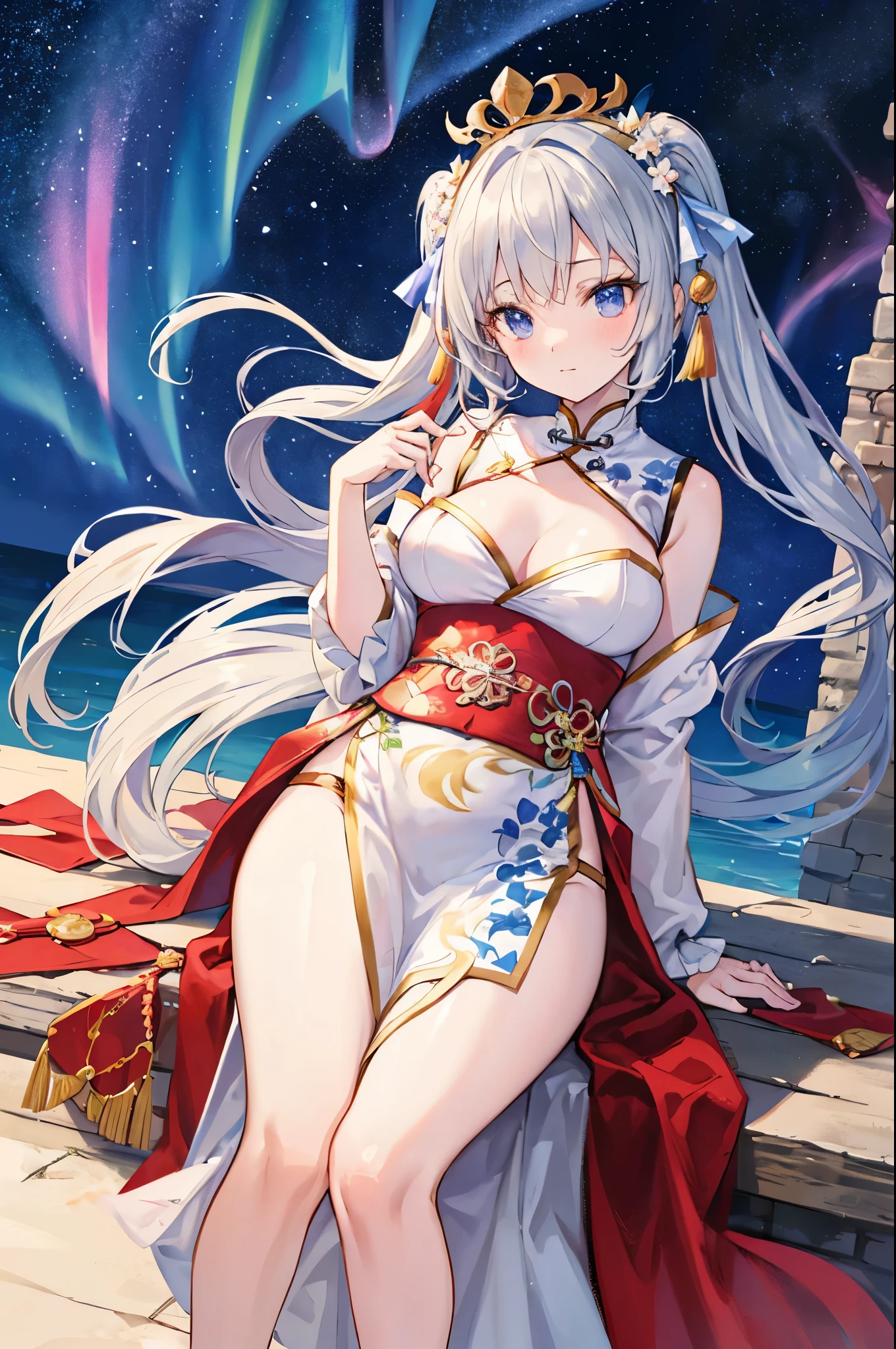 anime woman, beautiful, silver hair, blue eyes, long tied hair, cold and elegant expression, huge breasts, small waist, nice thighs, wearing white hanfu, xianxia art style, elegant, sword floating behind the back, taoist sect gate background,