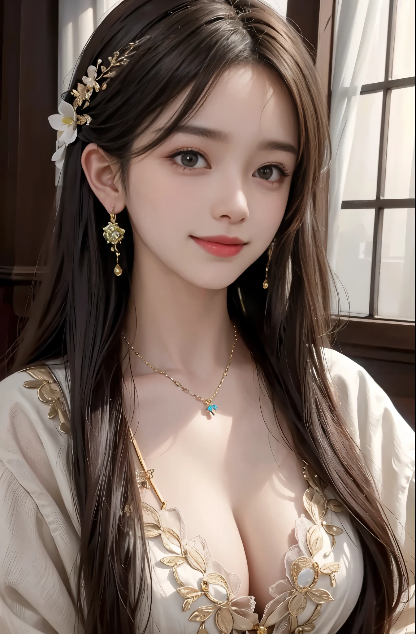 8K Ultra HD, table top, highest quality, beautiful girl, long hair, Beautiful necklaces, beautiful earrings, beautiful hair ornament, girl, smile, Sexy, big breasts, cinematic lighting