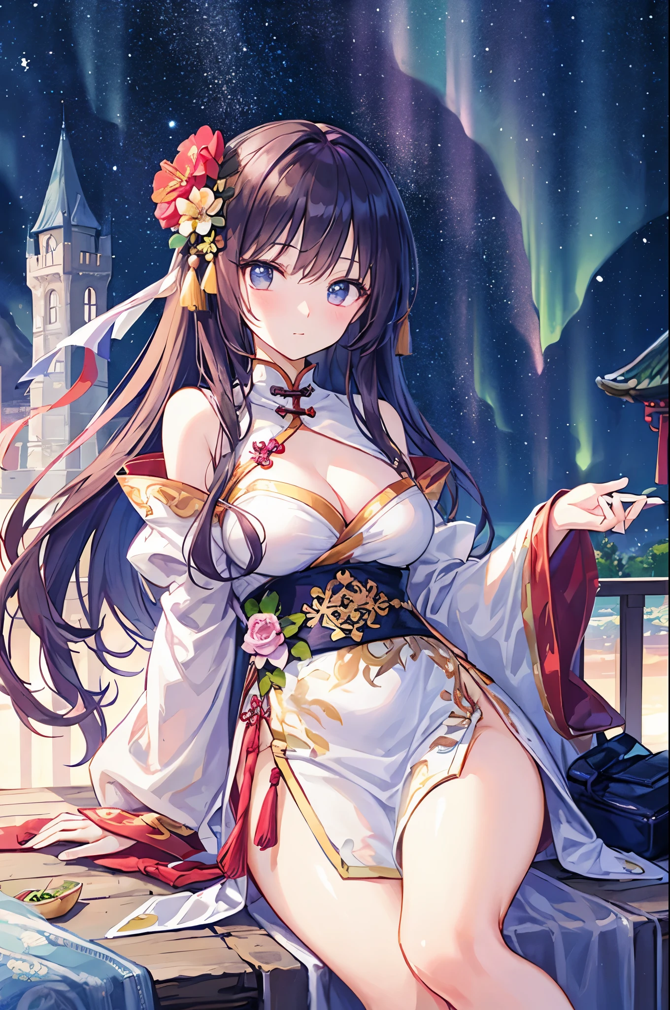 （masterpiece）、(highest quality)、((Super detailed))、(super delicate)、naughty chinese princess、Pastel colors hair、beautiful breasts、gorgeous castle、Fantastic starry sky、aurora