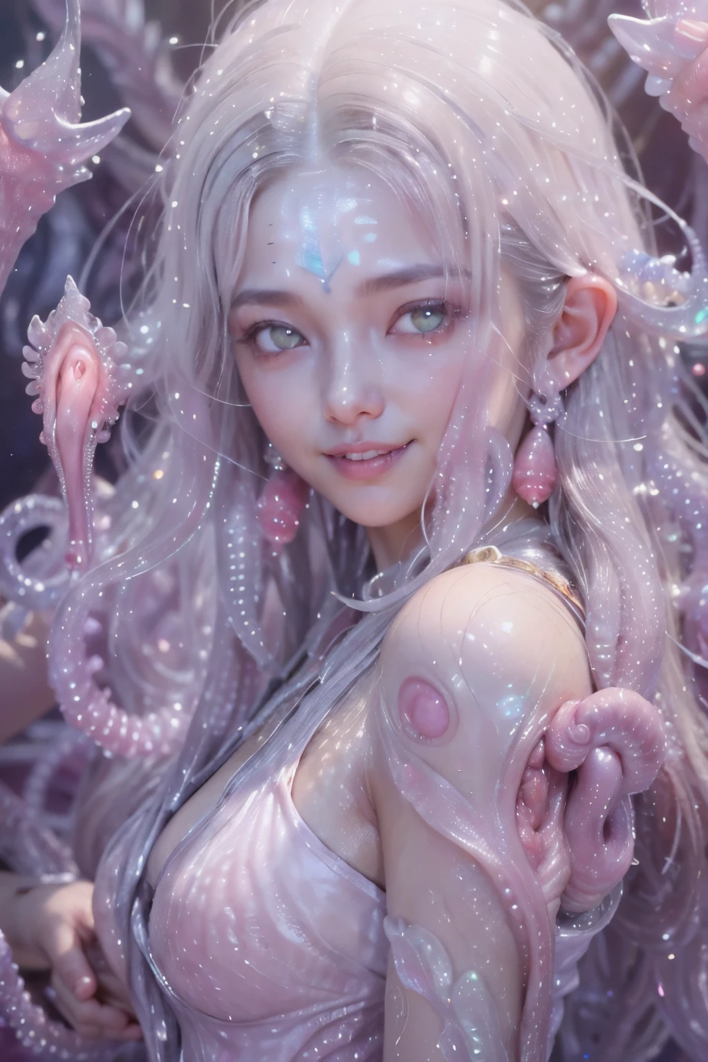 (A portrait of one beautiful and obscene female alien who is a young teenager:1.4), ((There is a female genital-like organ in the middle of her forehead:1.8)), (realistic face:1.2), (Numerous award-winning masterpieces, with incredible detail, textures and maximum detail), artistic photography, midnight aura, unreal engine 5, Ultra Sharp Focus, art by Amano Yoshitaka, ArtGerm, Roisch, intricate artwork, ultra realistic realism, high resolution, High freshness, drawing faithfully, official art, Unity 8K Wall paper, ultra detailed artistic photography, dream-like, Creation of fantasy, dream Snail, (biopunk nautilus:1.3),Thrilling color schemes, seductively smiling, Amazing mutation, well-proportioned body, goddess of the deep sea, fractal, Geometric pattern, impossible figures, (translucent white tentacles with luminescent organs:1.4), subtle emerald green accents, (smiling seductively:1.3),(She has the most beautiful face in the history of the universe:1.5), Penelope Cruz, (she is looking down at viewers with glowing iridescent eyes with no pupils:1.3), an evil gaze that seduces, cinematic lighting, (Vampire-like long canine teeth can be glimpsed through the gap between the cute lips:1.3), in the hall of the palace, Sweet breath is exhaling from beautiful lips, ecstatic expression, (Climax expression during intercourse:1.5)