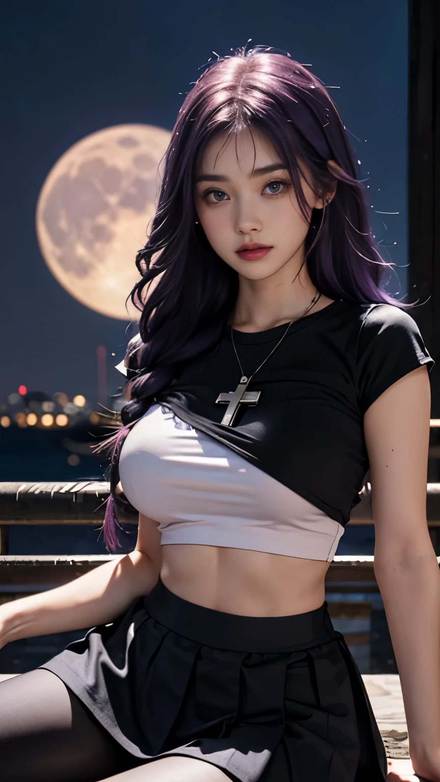 18 year old girl，sitting in front of the huge moon，night，blur background，Perfect body，Big breasts，(((Hand lift the skirt，black，i can see)))，((cross eyes，charming))，short tshirt，Thin abdomen，（Pink leggings），purple hair，Purple hair big breasts，long hair，thick braid、purple eyes