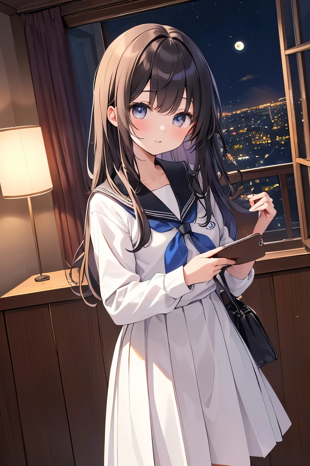 {{{masterpiece}}}, {{{highest quality}}}, ,cowboy shot、
 girl、Schoolの制服、night、School、stage、moon、elaborate design、visual art、high contract、best lighting、most detailed、cinematic angle、close