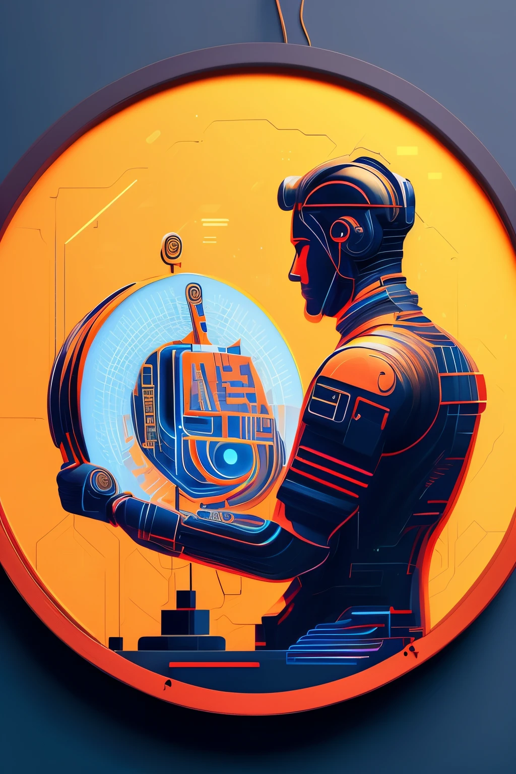 a human shaped AI logo of a robot man creatively painting a picture, minimalist circular frame, minimalist, cyberpunk, digital art, ultra detailed, ultra detailed background, 8k