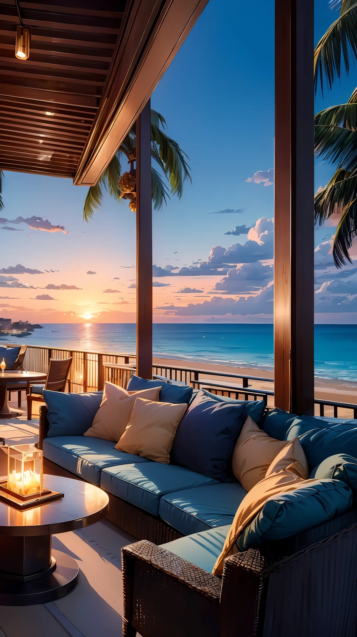 (highest quality, 4K, 8K, High resolution, masterpiece:1.2), super detailed, (realistic, photorealistic, photo-realistic:1.37), Luxury resort hotel scenery, highly detailed landscape, Nice views, clear water, Golden sandy beaches, and palm trees swaying in the gentle breeze, sparkling swimming pool, Exquisite architectural design with modern and elegant buildings, Guests enjoying sunbathing and swimming, Relaxing lounge area with comfortable sofas and umbrellas, Impeccable service, Delicious cocktails served at the pool bar, Fine dining restaurant with panoramic sea views, Calm and quiet atmosphere, romantic, Soft and warm lighting that illuminates the surroundings, rich and vibrant colors, Luxury and sophistication,
