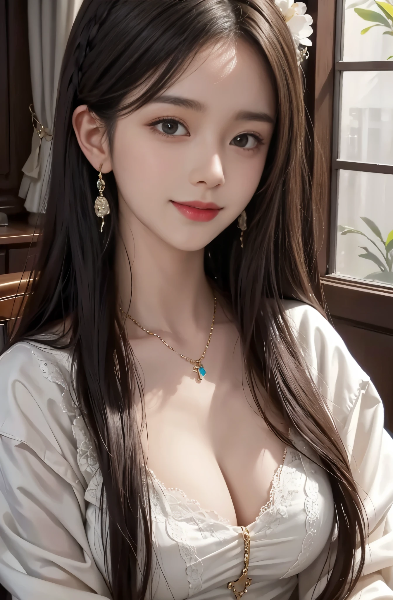 8K Ultra HD, table top, highest quality, beautiful girl, long hair, Beautiful necklaces, beautiful earrings, beautiful hair ornament, 17 year old girl, smile, Sexy, big breasts, cinematic lighting