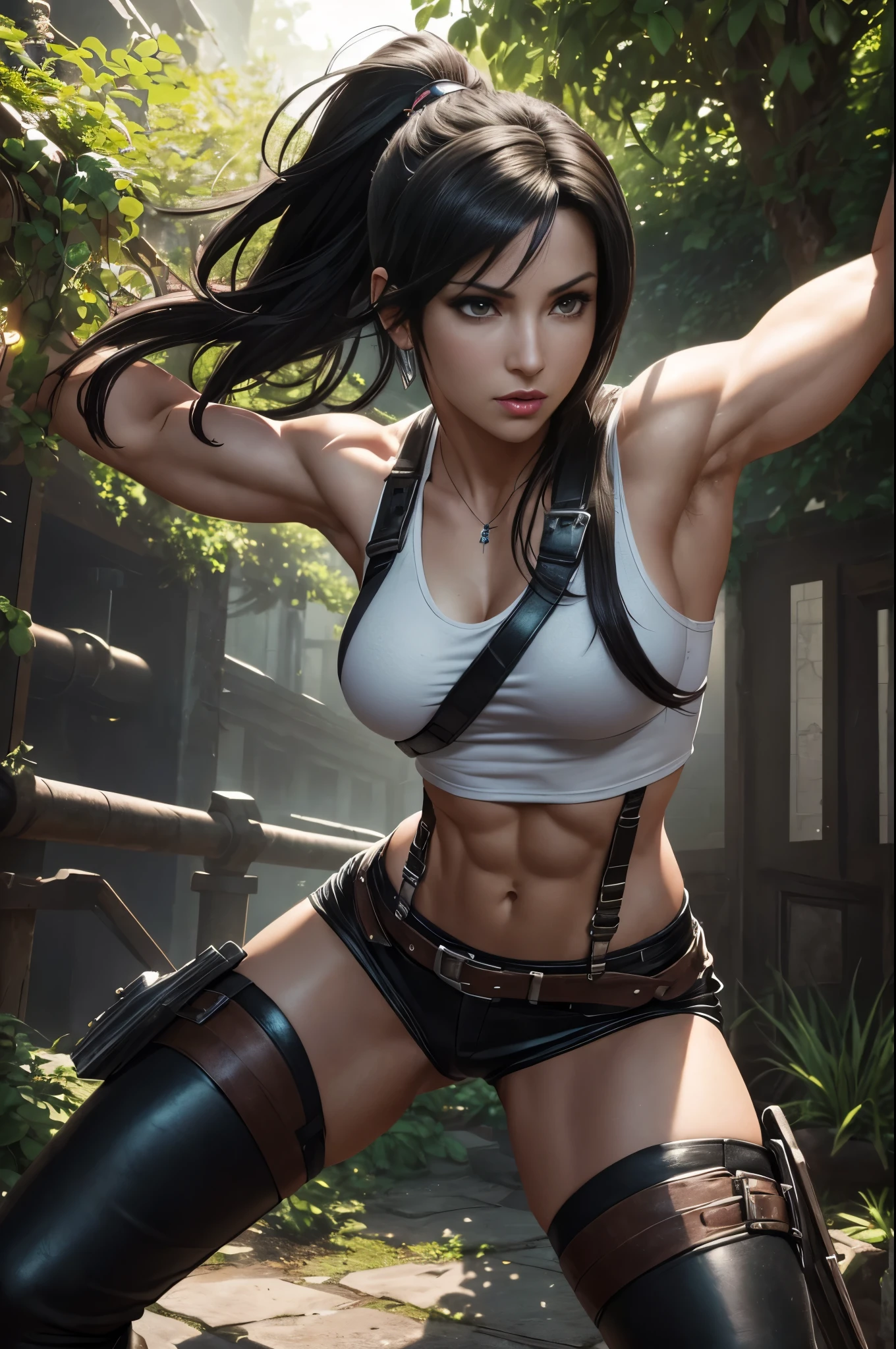 Tifa lockhart, Final fantasy (best quality,4k,8k,highres,masterpiece:1.2),ultra-detailed,(realistic,photorealistic,photo-realistic:1.37),illustration,fantasy,beautiful detailed eyes,beautiful detailed lips,extremely detailed eyes and face,long eyelashes,Tifa's stunning beauty,confident stance,flowing black hair,fierce and determined expression,captivating smile,impressive muscles and toned physique,fighting pose,unique punk-inspired attire,white tank top and leather suspenders,long black trousers and gloves,thigh-high boots with metal buckles,Tifa's signature oversized metal gauntlets,garden background with vibrant flowers and plants,sunlight filtering through the trees,soft and warm color palette,stunning lighting effects,highlighting Tifa's features,dynamic and energetic atmosphere,vivid colors and rich textures,attention to small details like Tifa's intricate jewelry and accessories,close-up shots showcasing Tifa's intense gaze and focused determination,emphasis on the amazing Level of detail in Tifa's face and clothing,realistic shadows and highlights,creating depth and dimension,combining both a realistic and artistic style,enriched with fantasy elements and magic effects,showcasing Tifa's combat skills and powerful punches,dynamic movement and action,creating a sense of excitement and adventure.