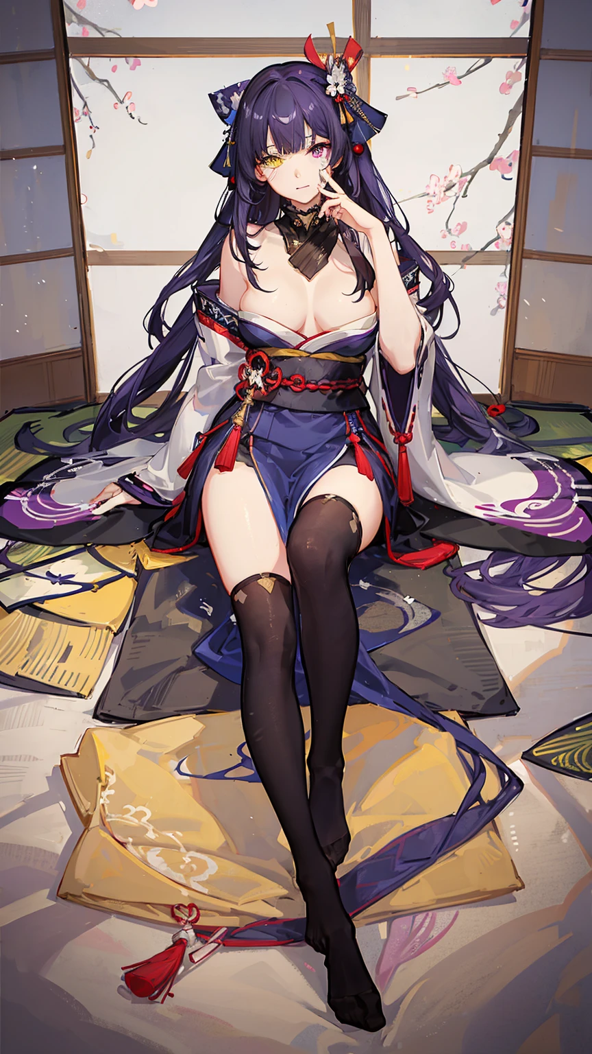 1girl,solo,female photo,Sitting on the floor,nail polish,(heterochromia,purple eye,yellow eye),big breasts,beautiful face, navy long hair,knee high socks,Japanese kimono,mysterious mood,in the Japanese room,best quality, high quality, masterpiece, HD,4K,8K 