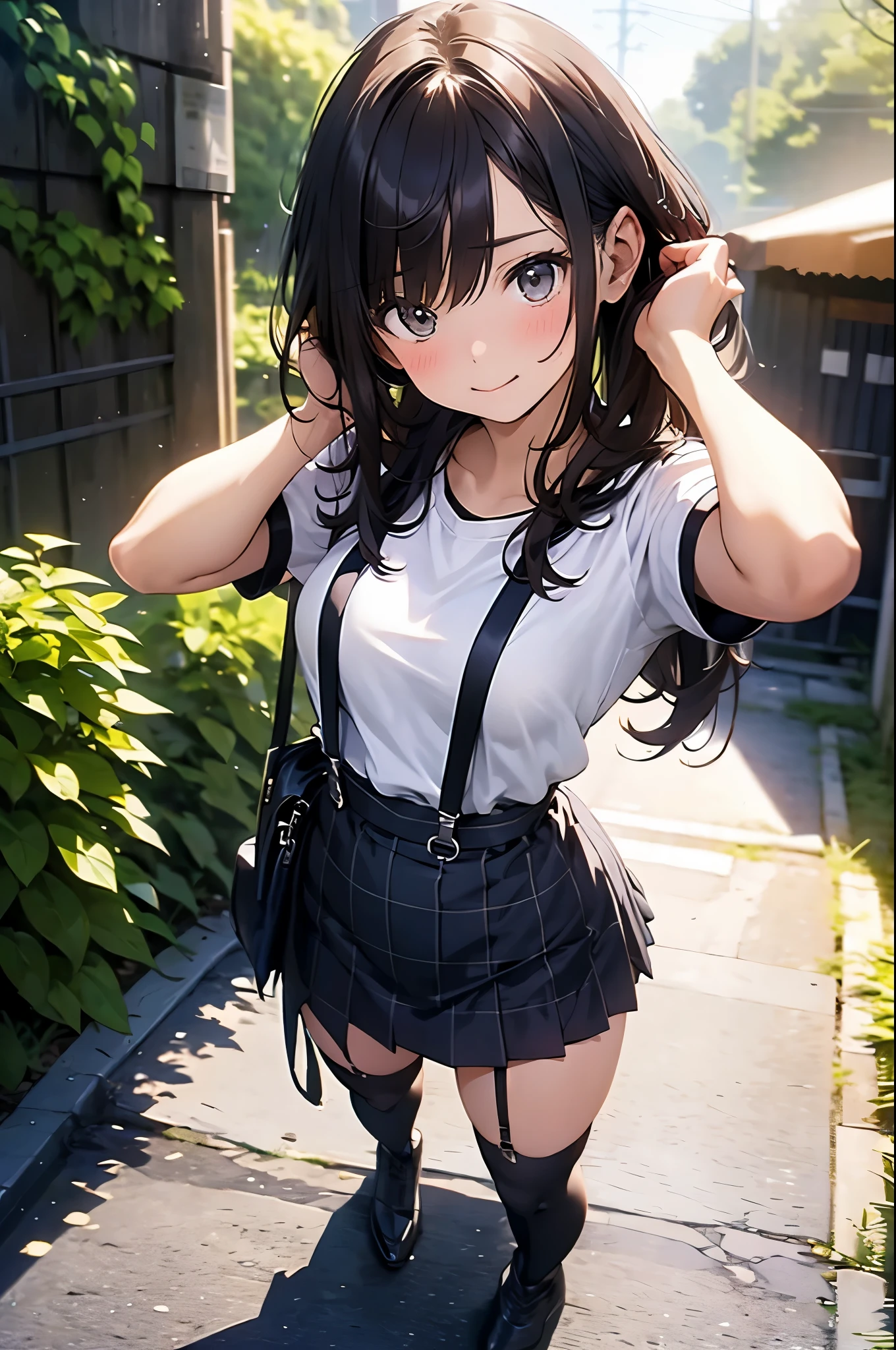 brown hair、looking at the viewer　　suspenders　　　Bulging big breasts　　 　 　　　　Black miniskirt　garter belt　knee high socks　　　　　　Gaze　　　small face　bangs 　　　　　Beauty　　hands up　　 　Gaze 　black boots 　provocation　　armpit sweat　one person 　　put your hands behind your back　cutter shirt　　Panty shot