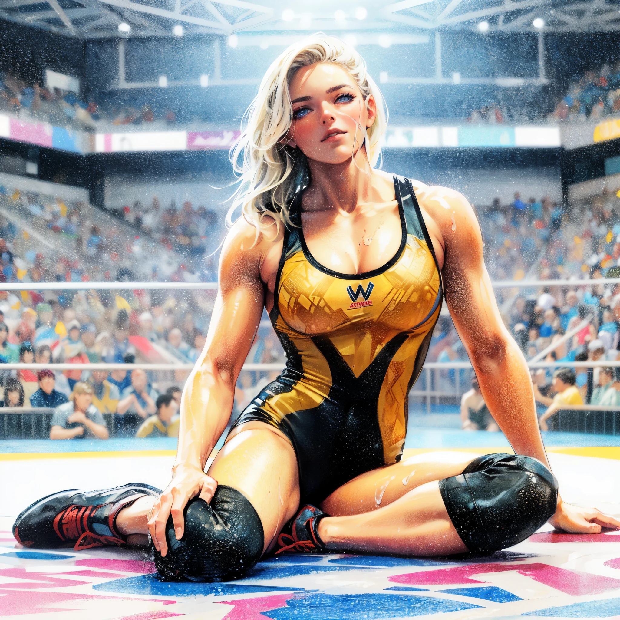 high quality,hd,16k,sharp line,1girl,female wrestling athlete ,cute face, middle breasts, nice legs, wet hair,wet skins,in wrestling venue,focus girl,detailed beautiful face,detailed clothes,beautiful eyes,cool,dynamic angle