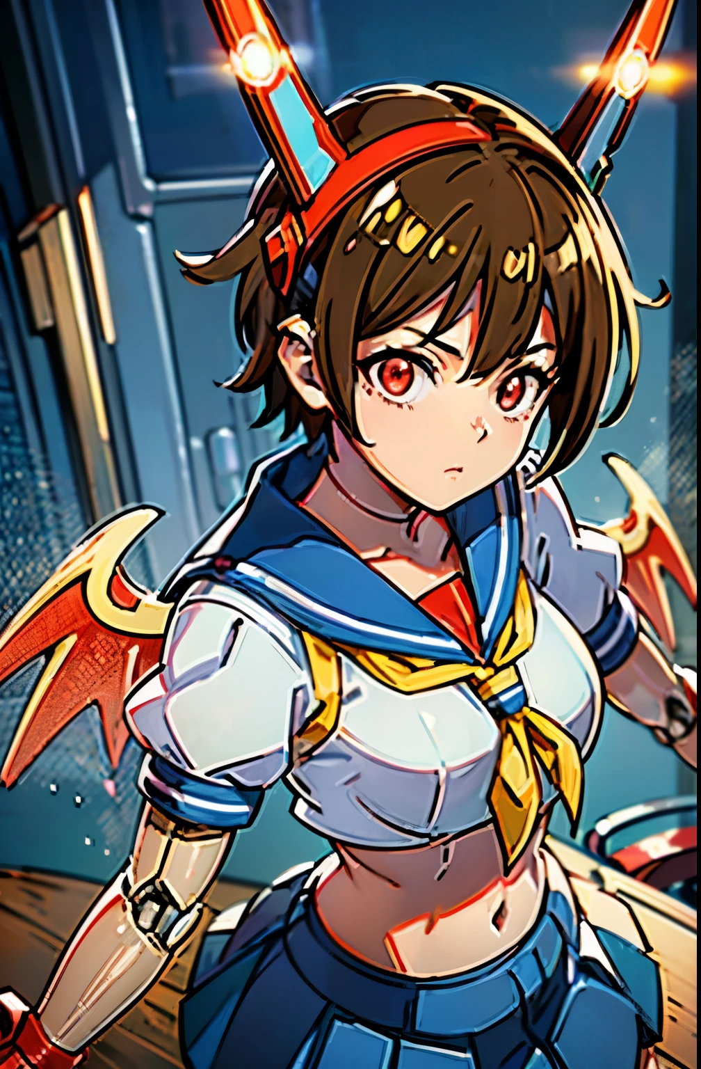 1girl solo,Standing depiction、(Large symmetrical mechanical wings:1.6)、((kasugano sakura:1.3))、(Symmetrical mechanical headgear:1.6)、Beauty Cyborg, Cyborg - beautiful woman with brown short bob hair perfect anime cyborg woman, cute cyborg beauty, beautiful cyborg beauty, cyborg girl, (Perfect android beauty), (perfect cyborg woman), (Cyborg - Girl), (beautiful female cyborg)、 beautiful white girl cyborg, beautiful female android, Beautiful and attractive female cyborg、walk、full body description、(Mechanical sailor suit:1.5)、(mechanical ruffle skirt:1.5)、((Combat readiness))、(Glowing red mechanical eyes:1.9), brown hair, short hair, bangs, Ahoge,(head band), ((Gray uniform:1.4)), puffy sleeves, crop top, yellow neckerchief, ((gray skirt:1.4)), fingerless gloves, thighs thighs thighs, white socks, red footwear,Expressionless、(table top, highest qualityの, highest quality, beautiful and aesthetic: 1.2), very detailed, more detailed,Proper body proportions,table top,Super high quality output image,High resolution,intricate details,very delicate and beautiful hair,realistic pictures,dream-like,professional lighting,realistic shadow,focus only,Anime one、finding stance, punching, finding,raise one leg、cel anime
