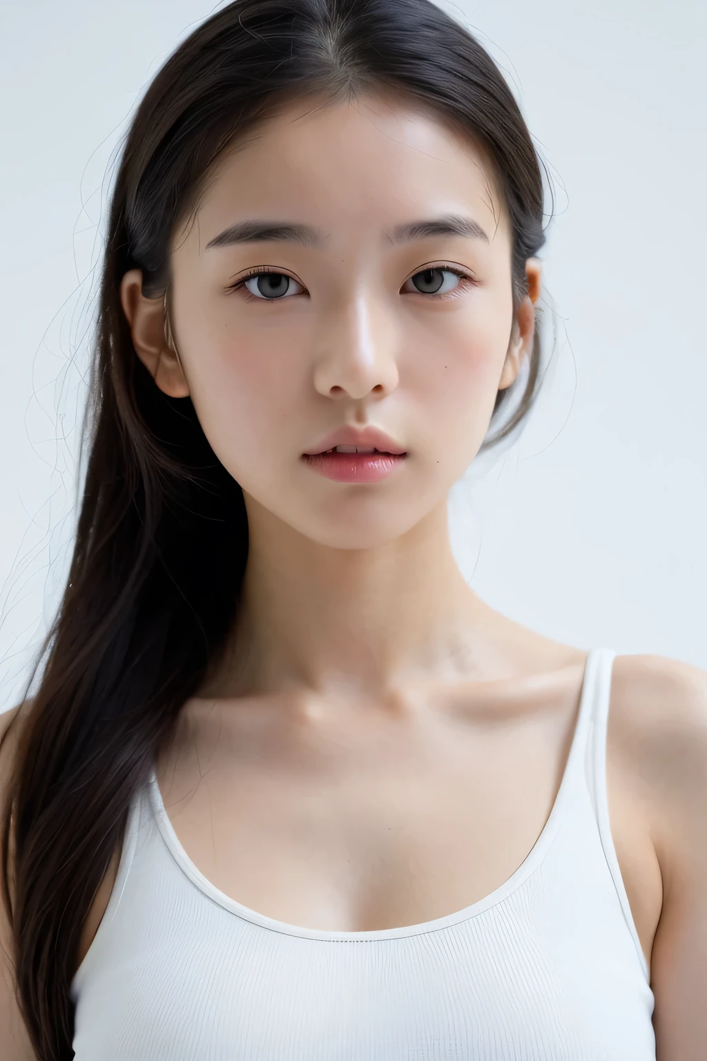 (extra detailed body、extra detailed face、best qualtiy:1.2)、19yo girl、huge tit、looking at the viewers、(white tank tops)、(simple background:1.4)