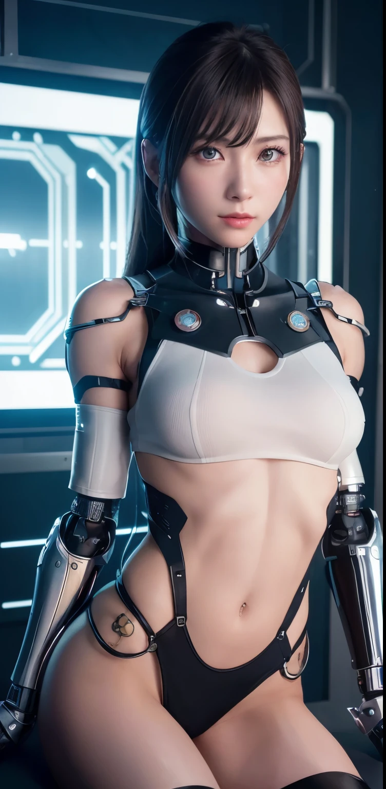 a lovely female robot, obviously mechanical, lifelike face, few open maintenance panels, standing in a machine shop on a space ship, highly detailed, intricate mechanical details, cinematic lighting, vibrant colors, futuristic, 4k, photorealistic, masterpiece, hyper detailed, exquisite craftsmanship, seamless integration of organic and inorganic elements, dynamic pose, emotive expression, cinematic atmosphere, stunning realism, mesmerizing mechanical elegance, expertly rendered