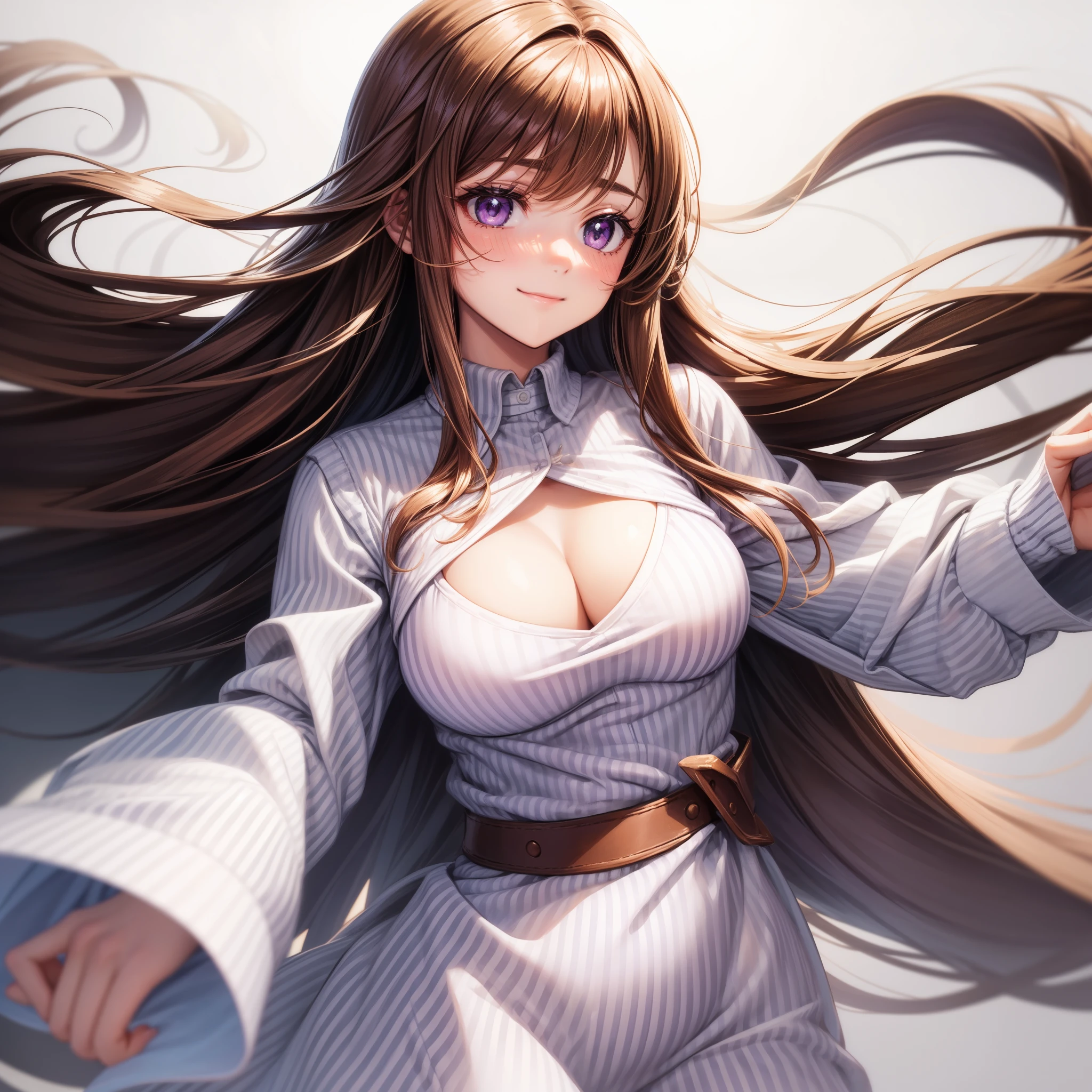 1girl, breasts, vertical_stripes, solo, long_hair, striped, rating:safe, blush, cleavage, large_breasts, smile, brown_hair, striped_background, shirt, looking_at_viewer, bangs, white_shirt, diagonal_stripes, collared_shirt, closed_mouth, striped_shirt, upper_body, long_sleeves, eyebrows_visible_through_hair, purple_eyes, white_background, brown_eyes, cleavage_cutout, very_long_hair, sweater, parted_bangs, vertical-striped_shirt, simple_background