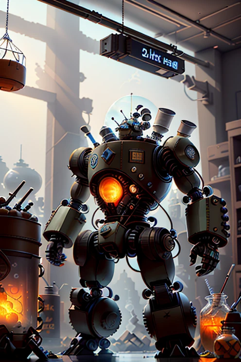 There is a robot standing in a room with a fishbowl., fantasy alchemist laboratory, rolands zilvinskis 3d render art, 3d render beeple, 4K high-definition digital art, Future Chemistry Laboratory, cute elaborate grand robot, 3d render digital art, 3 d epic illustrations, stylized 3d rendering, Hands raised in a steampunk laboratory