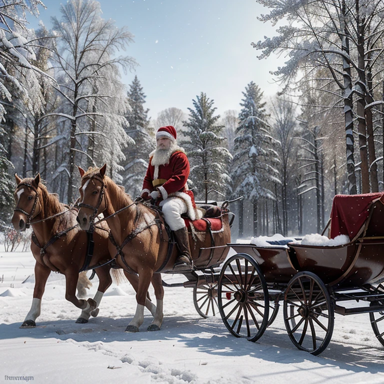 Drawing for a fairy tale about Russian Santa Claus with a lot of gifts, who rides through a snowy forest, in a Russian sleigh, drawn by three horses