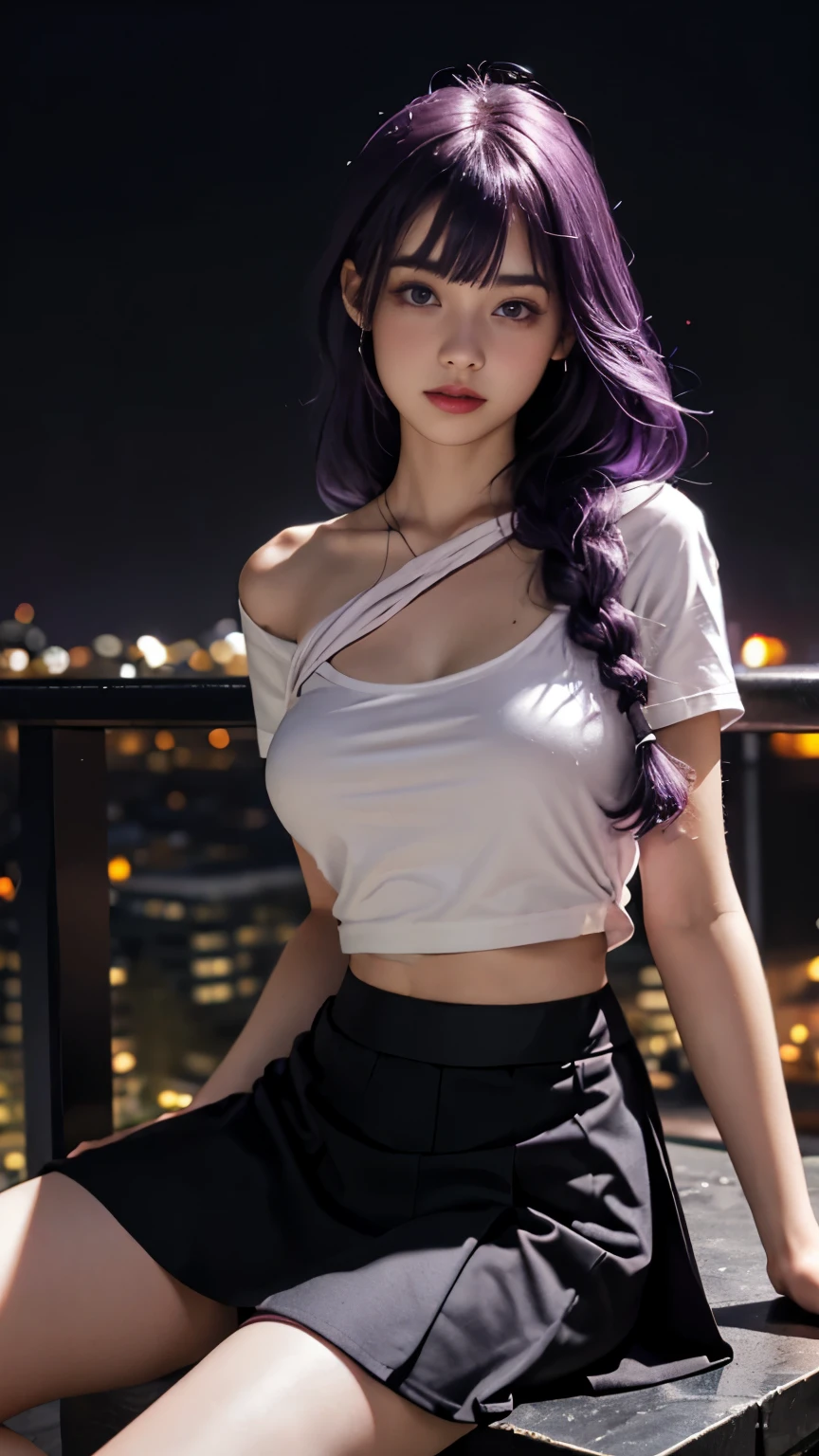 18 year old girl，sitting in front of the huge moon，night，blur background，Perfect body，Big breasts，(((Hand lift the skirt，black，i can see)))，((cross eyes，charming))，short tshirt，Thin abdomen，（Pink leggings），purple hair，Purple hair big breasts，long hair，thick braid、purple eyes