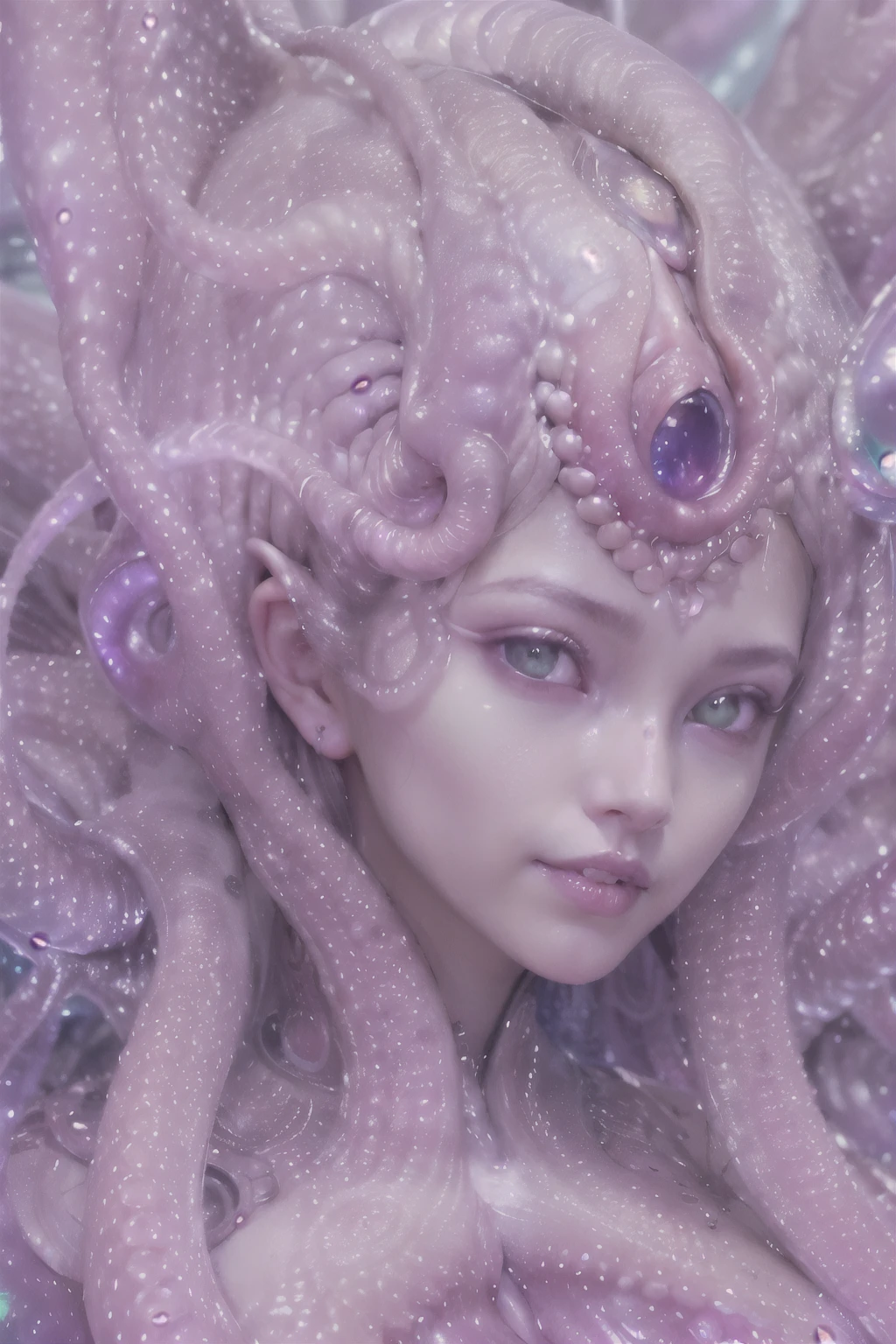(A portrait of one beautiful and obscene female alien who is a young teenager:1.4), ((There is a female genital-like organ in the middle of her forehead:1.8)), (realistic face:1.2), (Numerous award-winning masterpieces, with incredible detail, textures and maximum detail), artistic photography, midnight aura, unreal engine 5, Ultra Sharp Focus, art by Amano Yoshitaka, ArtGerm, Roisch, intricate artwork, ultra realistic realism, high resolution, High freshness, drawing faithfully, official art, Unity 8K Wall paper, ultra detailed artistic photography, dream-like, Creation of fantasy, dream Snail, (biopunk nautilus:1.3),Thrilling color schemes, seductively smiling, Amazing mutation, well-proportioned body, goddess of the deep sea, fractal, Geometric pattern, impossible figures, (translucent white tentacles with luminescent organs:1.4), subtle emerald green accents, (smiling seductively:1.3),(She has the most beautiful face in the history of the universe:1.5), Penelope Cruz, (she is looking down at viewers with glowing iridescent eyes with no pupils:1.3), an evil gaze that seduces, cinematic lighting, (Vampire-like long canine teeth can be glimpsed through the gap between the cute lips:1.3), in the hall of the palace, Sweet breath is exhaling from beautiful lips, ecstatic expression