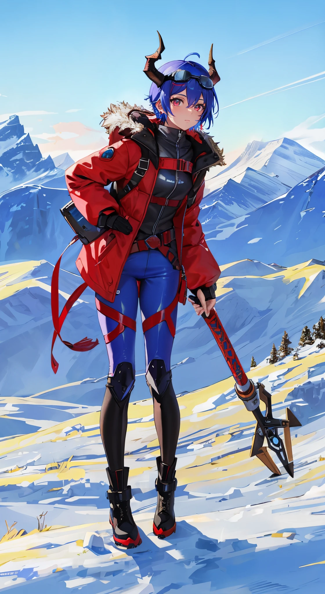 (Ultra-short hair with blue and red highlights),(goggles on her head)close up,dream world,Dragon royal sister,dragon lady,Red and blue short hair,beautiful eyes,snow mountain tundra,polar bay,earrings,(goggles,Tight protective clothing),humanoid, polar tundra background,Explorer, her skin is white, fair complexion,(adventure tights,Tight pants,A pair of dragon horns and wings),boots,leather boots,