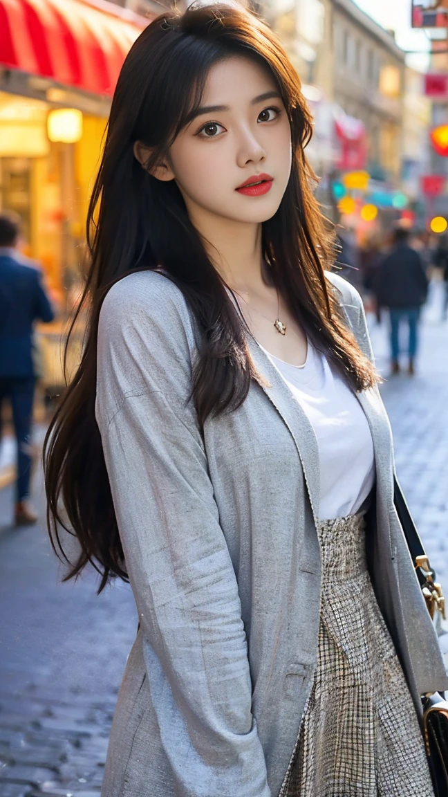 （realisticlying， A high resolution：1.3）， 1 girl with a perfect body， Super fine face and eyes，long whitr hair， Business suits of random colors：1.2，illuminated shopping streets，middlebreast，Anatomically normal，