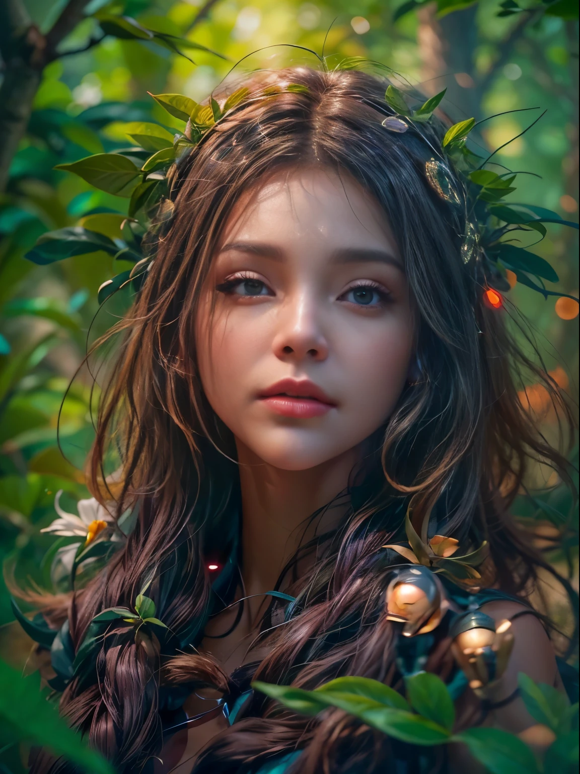 1 female with Engfa's face, mystical forest, twilight, vibrant, sentient plants, magical pollen, mesmerizing dance of lights, colors among trees, breathtaking natural light show, masterpiece, 8k, oil painting)))), long exposure, professional photograph, soft focus, mystical atmosphere, unreal engine, trending on ArtStation, ((woman's detailed face, detailed expression, eyes reflecting the light show, woman's hair flowing, detailed plants and trees), ambient lighting, depth of field effect, detailed pollen particles, soft, ethereal glow, magical, dreamy, surreal))