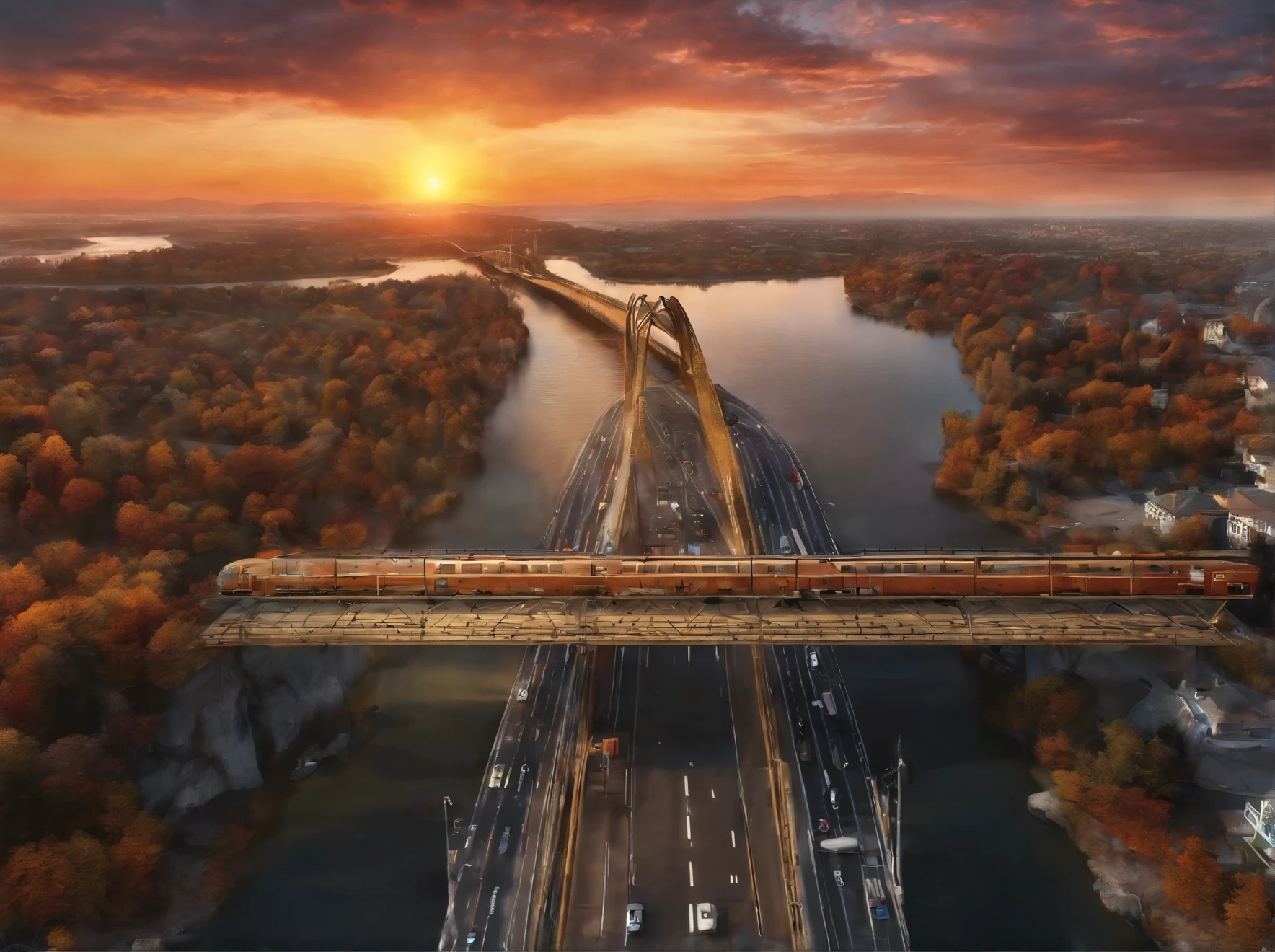 Autumn sunset time,A bridge spans the sea,Colorful sunset,orange sunset,Cars driving on the bridge,The plane is flying in the sky