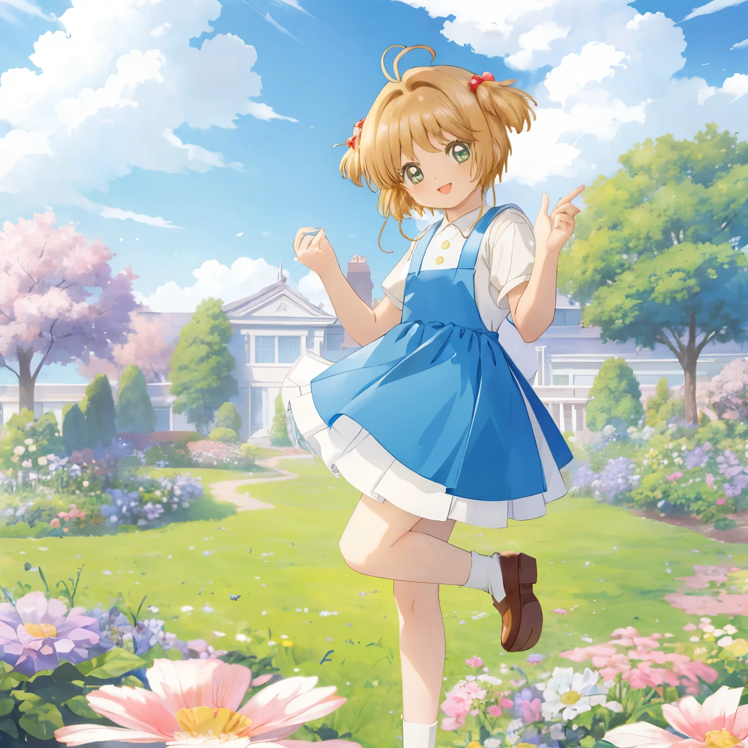 masterpiece, highest quality, 1 girl, alone, Kinomoto Sakura, pinafore dress,,raise your feet , two side up,flower garden, blue sky, smile, kicking,leg up