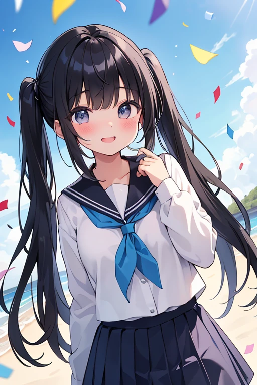 {{{masterpiece}}}, {{{highest quality}}}, NSFW:1.2,cowboy shot、
15 year old girl、school uniform、outdoor、blue sky、Confetti flutters、elaborate design、visual art、An illustration、black hair、twin tails、Bursting smile、high contract、best lighting、most detailed、cinematic angle、