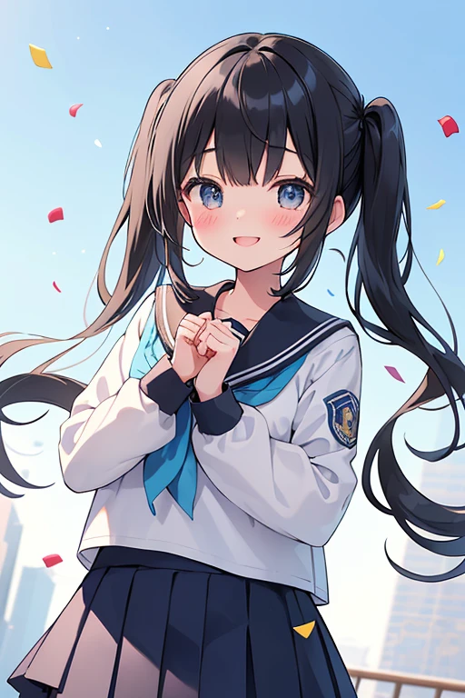 {{{masterpiece}}}, {{{highest quality}}}, NSFW:1.2,cowboy shot、
girl、school uniform、outdoor、blue sky、Confetti flutters、elaborate design、visual art、An illustration、black hair、twin tails、Bursting smile、high contract、best lighting、most detailed、cinematic angle、