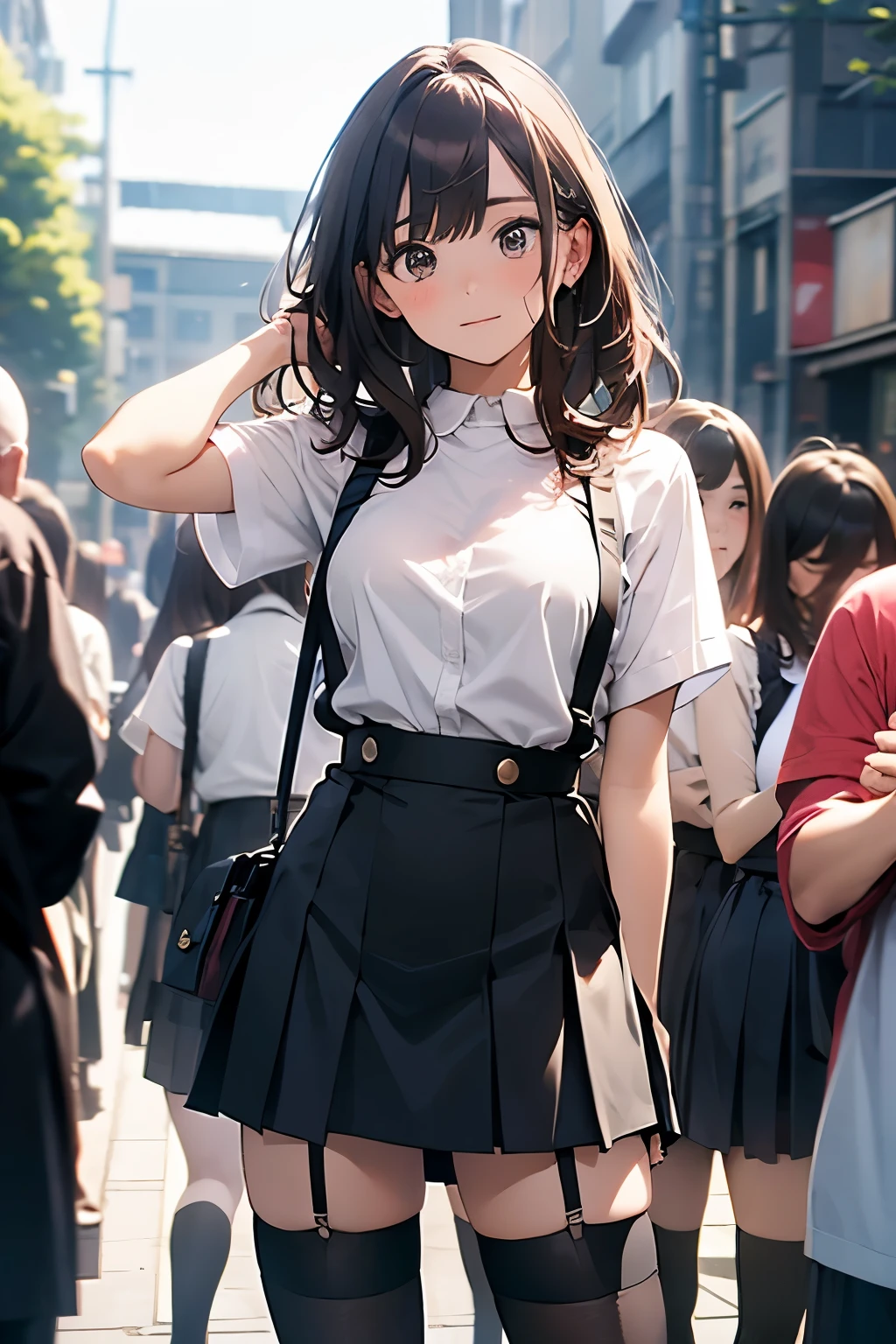 Highly detailed CG Unity 8k wallpaper, best quality, highly detailed, masterpiece, Highly detailed cute girl, 18 years old, (((lifting skirt by herself))), (lifting by herself), dynamic angles, sexy pose, blush, lips apart, looking at the audience , half body shot, (crowd), (crowded big city)), hair over one eye, immaculate beauty, upscale, less revealing clothing