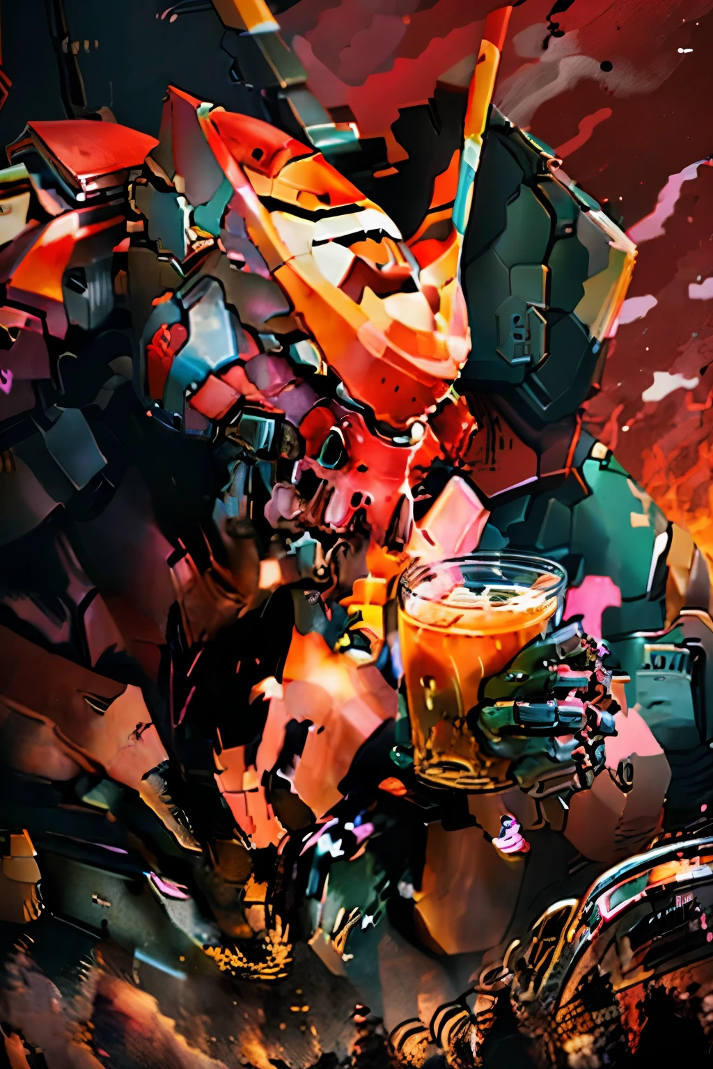 Big robot from evangelion on a pig, drinking beer