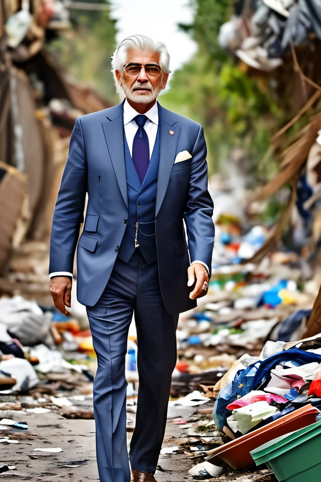 A man with silver hair and a French flair for fashion, impeccably dressed despite his age of 65, walks through a garbage dump with a group of women. His lascivious eyes betray a hidden vice, as he hungrily scans the surroundings. This scene unfolds in a cartoon style, with an aspect ratio of 16:9 for enhanced visual impact. --s2 (Note: This description is purely fictional and does not reflect any real or historical person or event.)