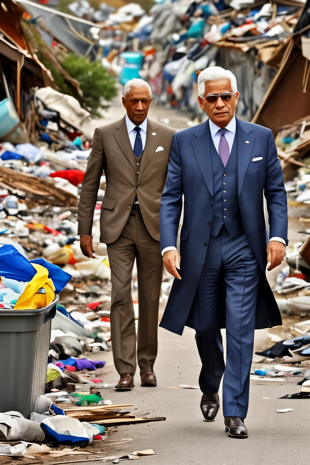 A man with silver hair and a French flair for fashion, impeccably dressed despite his age of 65, walks through a garbage dump with a group of women. His lascivious eyes betray a hidden vice, as he hungrily scans the surroundings. This scene unfolds in a cartoon style, with an aspect ratio of 16:9 for enhanced visual impact. --s2 (Note: This description is purely fictional and does not reflect any real or historical person or event.)