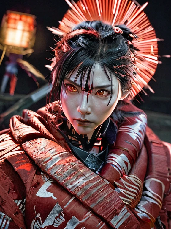 1 male,stern expression,red glowing eyes,samurai,cowboy_shot,electromagnetic blade,cyborg,cyber punk,realistic, sharp details, Intricでe details, ultra-realistic,digitally enhanced,3D References , 8K resolution, unapologetic grit, exposed exposed,sharp focus , UHD, 8K