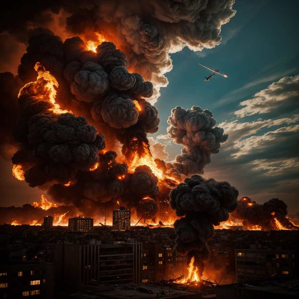 (from above，viewed from bird's-eye)，A city in an American apocalyptic movie，There are a lot of buildings and flames in the sky, nuclear winter，Ashes fall，Cover the earth，A matte painting by Christofo Zhefarovich, shutter inventory, number art, apocalyptic city, apocalyptic city backround, landscape of apocalypse city, apocalyptic future city, city destruction, destroyed city on fire, dystopian scifi apocalypse, destroyed city in background, a burning city，A lot of buildings burned，The fire burst into the sky，Many buildings were blown up，The explosion of a nuclear bomb raises a mushroom cloud，(A complete painting），（Extremely detailed picture），（light and shadow effect），（Movie lighting），（cinema4d），（Light particle tracing），（rendering by octane），（Layered artistic effects），（Best Painting），（Master painting），（8K分辨率），photorealestic，realisticlying