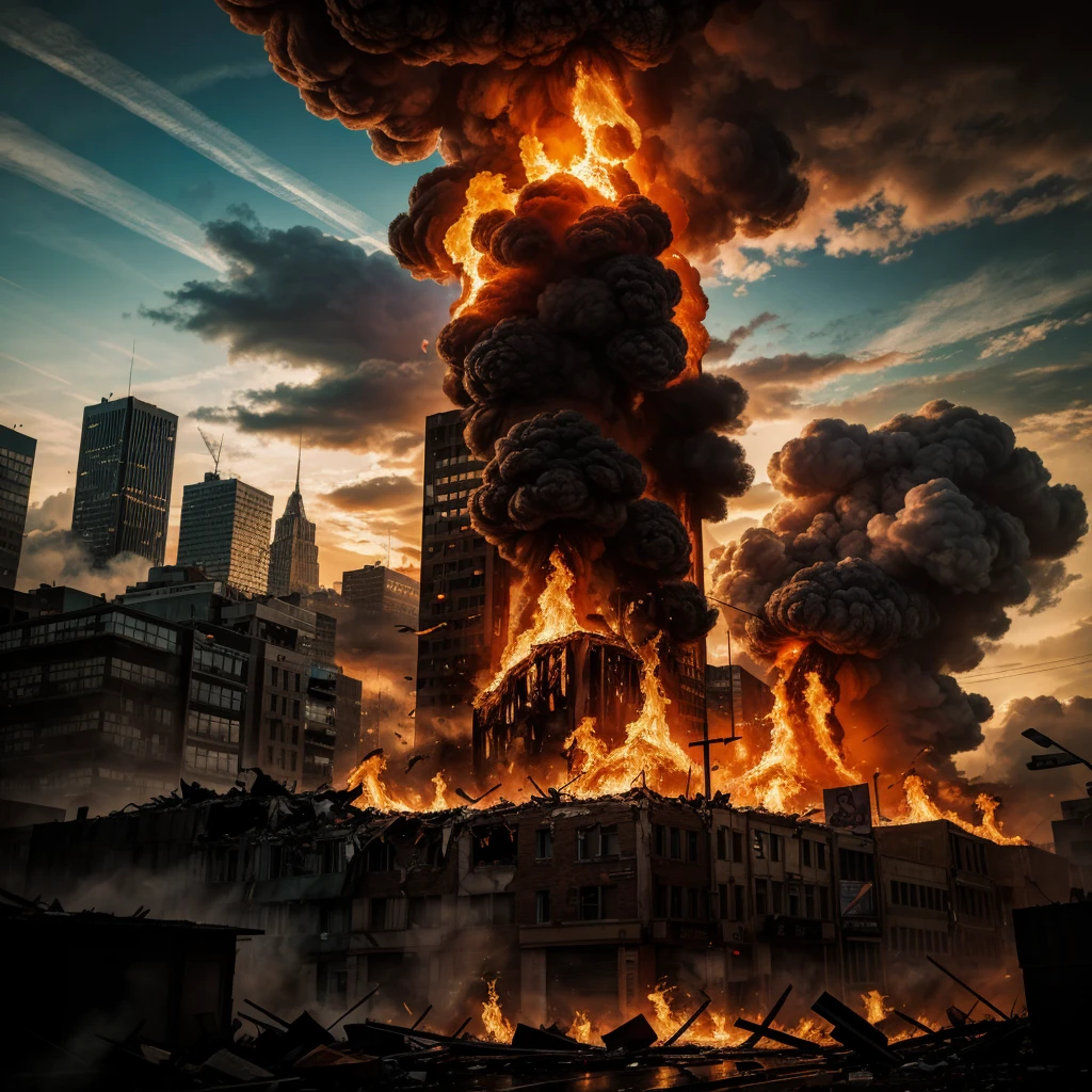 a fiery dart smashes clouds and crashes into a metropolis destroying everything, buildings, streets and killing people. Dramatic atmosphere