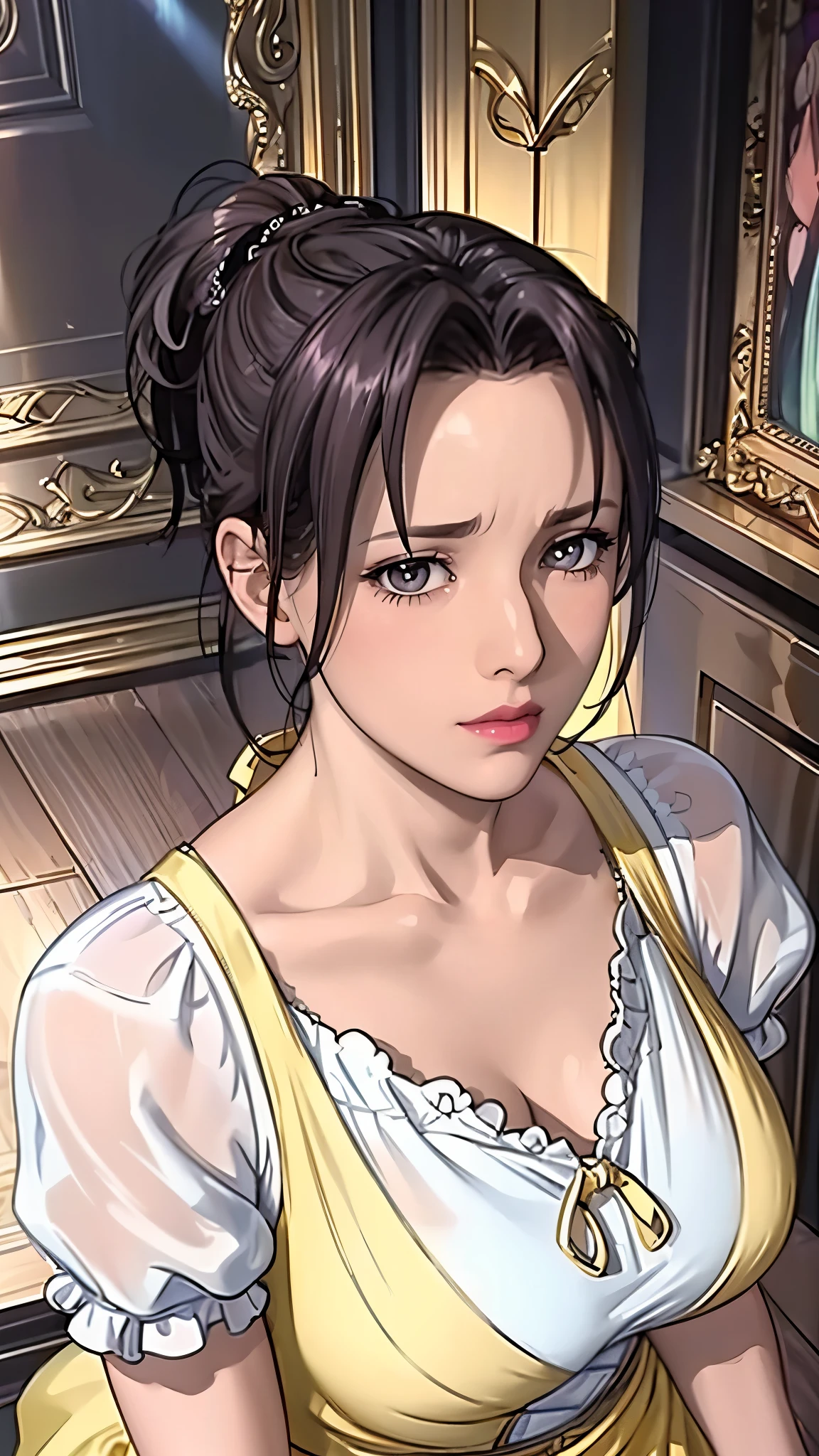 （（（puffy sleeves,yellow dress,short sleeves,（（（1girl，clavicle，makeup, Purple hair,brown eyes,lips,ponytail,short hair,lipstick,ribbon,collarbone, ））），（（（wide hips））），S-shaped body:1.7））），((masterpiece)),high resolution, ((Best quality at best))，masterpiece，quality，Best quality，（（（ Exquisite facial features，looking at the audience,There is light in the eyes，blush，shy））），（（（Light and shadow interlace，huge ，blur background））），（（（looking into camera，from above，looking down，The lower abdomen is raised）））