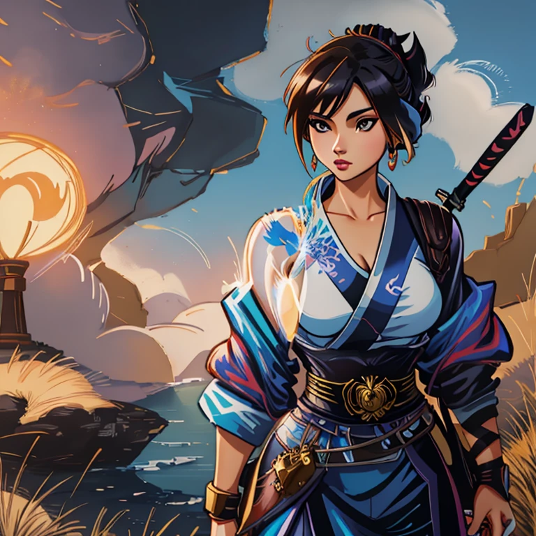 pintura de uma mulher vestida de quimono segurando uma espada, samurai feminino, inspirado em Josetsu, makoto shinkai ( apex legends ), Rob Rey and Kentarõ Miura style, Arte digital detalhada em 4k, pintura detalhada 4k, painted in anime painter studio, makoto oil painting, linda pintura de personagem, bela arte uhd 4k