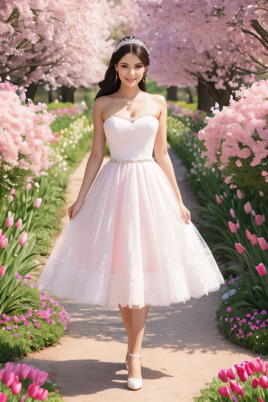 Full body, beautiful woman, sharp face, pretty smile, cute, standing in flower garden. Wear beautiful shoes. Wear a white and pink strapless dress decorated with pearls, gems, and rhinestones in fantasy colors. beautiful diamond jewelry background Colorful tulip garden, bright sky, fog, smoke, light sunlight 3D oil painting, sharp and realistic.