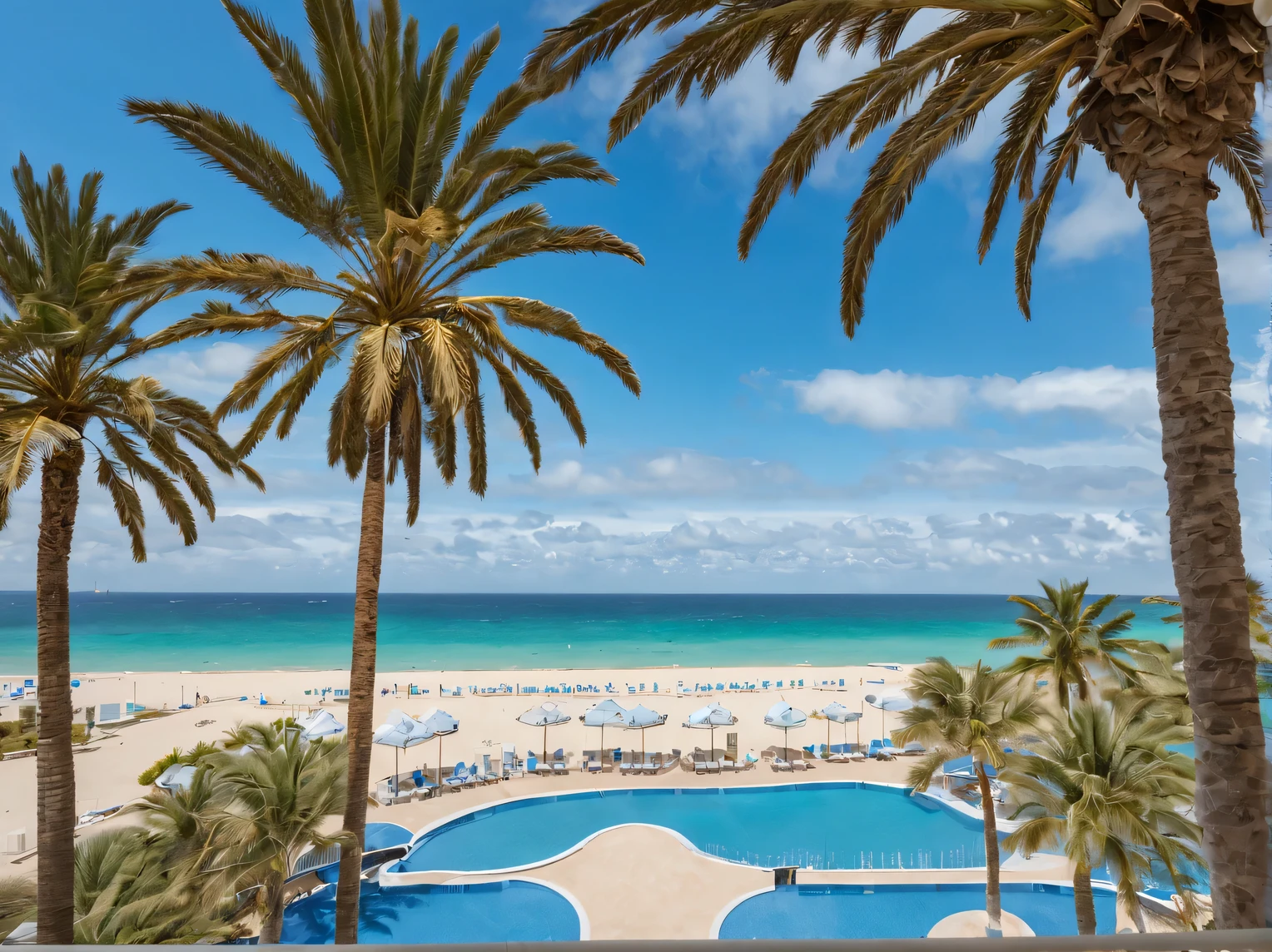 Photo for Discovery magazine: view from the balcony of a luxury hotel on the beach, palm trees and aquamarine sea, blue sky, small clouds and seagulls, Canon EOS 6D Mark II RF 24–70 мм F2.8L IS USM