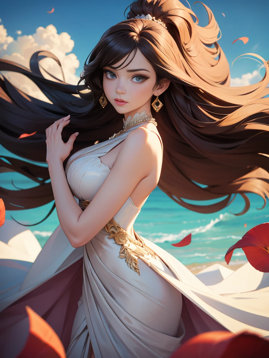 anime , realistic, On a sunny day, overhead view of a beautiful woman in a dramatic pose, her long luxurious flowing dress and hair spinning in a whirlwind, draped in an exquisitely tailored couture outfit that features intricate details, luxurious fabrics patterns, sees to the sky as she embodies the epitome of sophisticated and stylish high fashion. The figure is in motion, exuding an air while wearing a dress that is a masterful fusion of contemporary design and timeless g