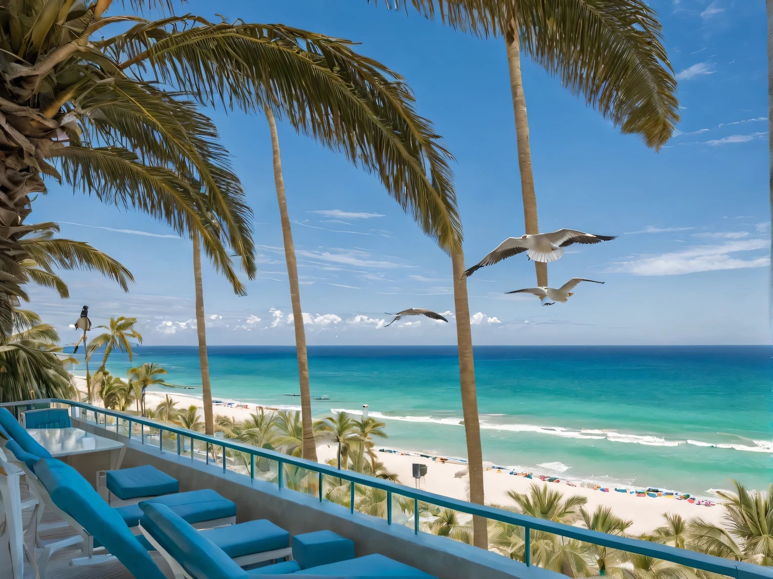 Photo for Discovery magazine: view from the balcony of a luxury hotel on the beach, palm trees and aquamarine sea, blue sky, small clouds and seagulls, Canon EOS 6D Mark II RF 24–70 мм F2.8L IS USM